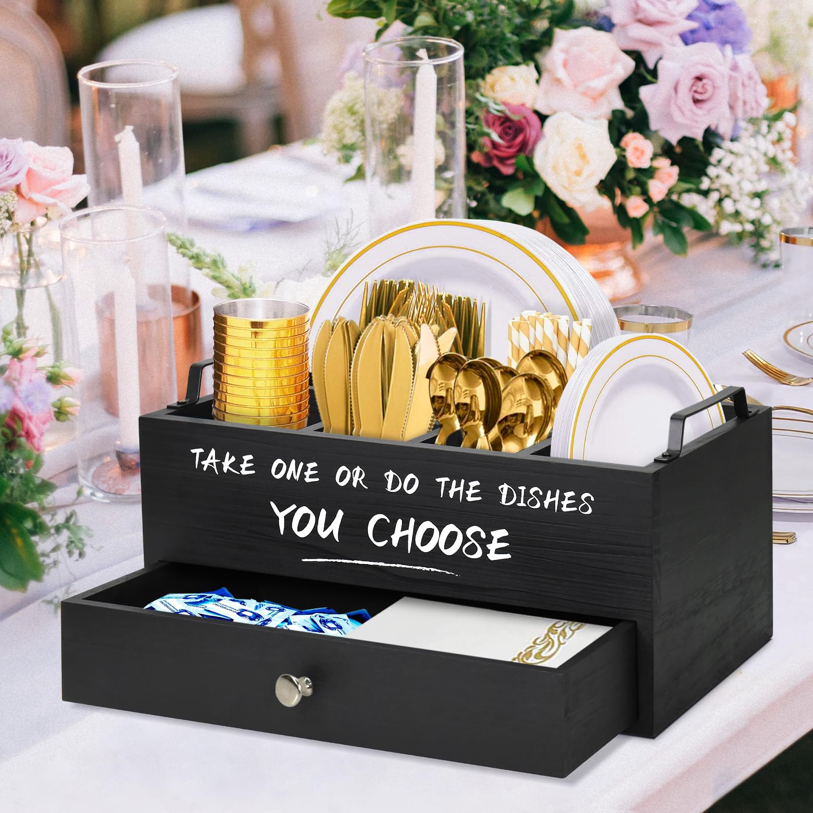 Soportes para platos de papel con cajón para encimera de cocina (negro-2)