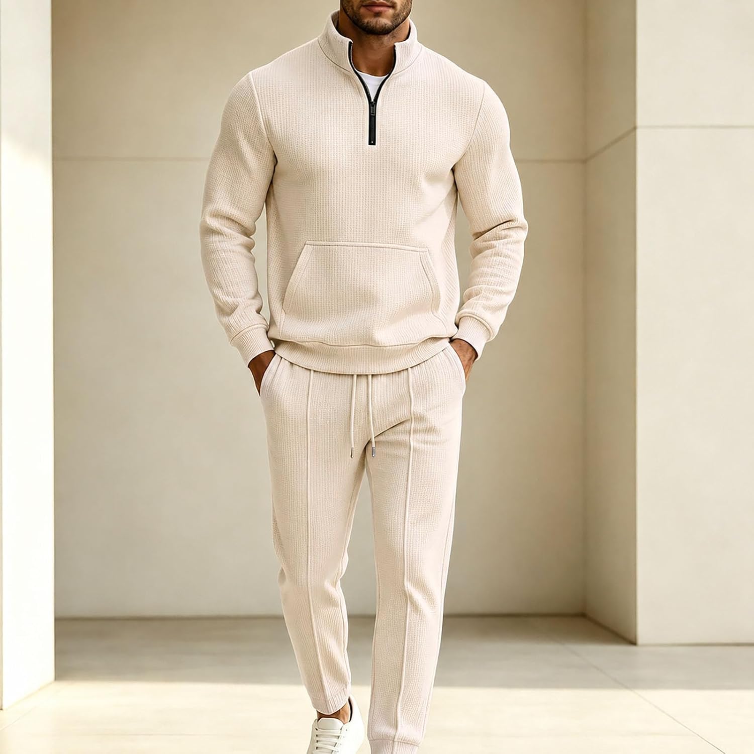 Men's Waffle Knit Quarter Zip Set Jogger Pants Casual Tracksuit
