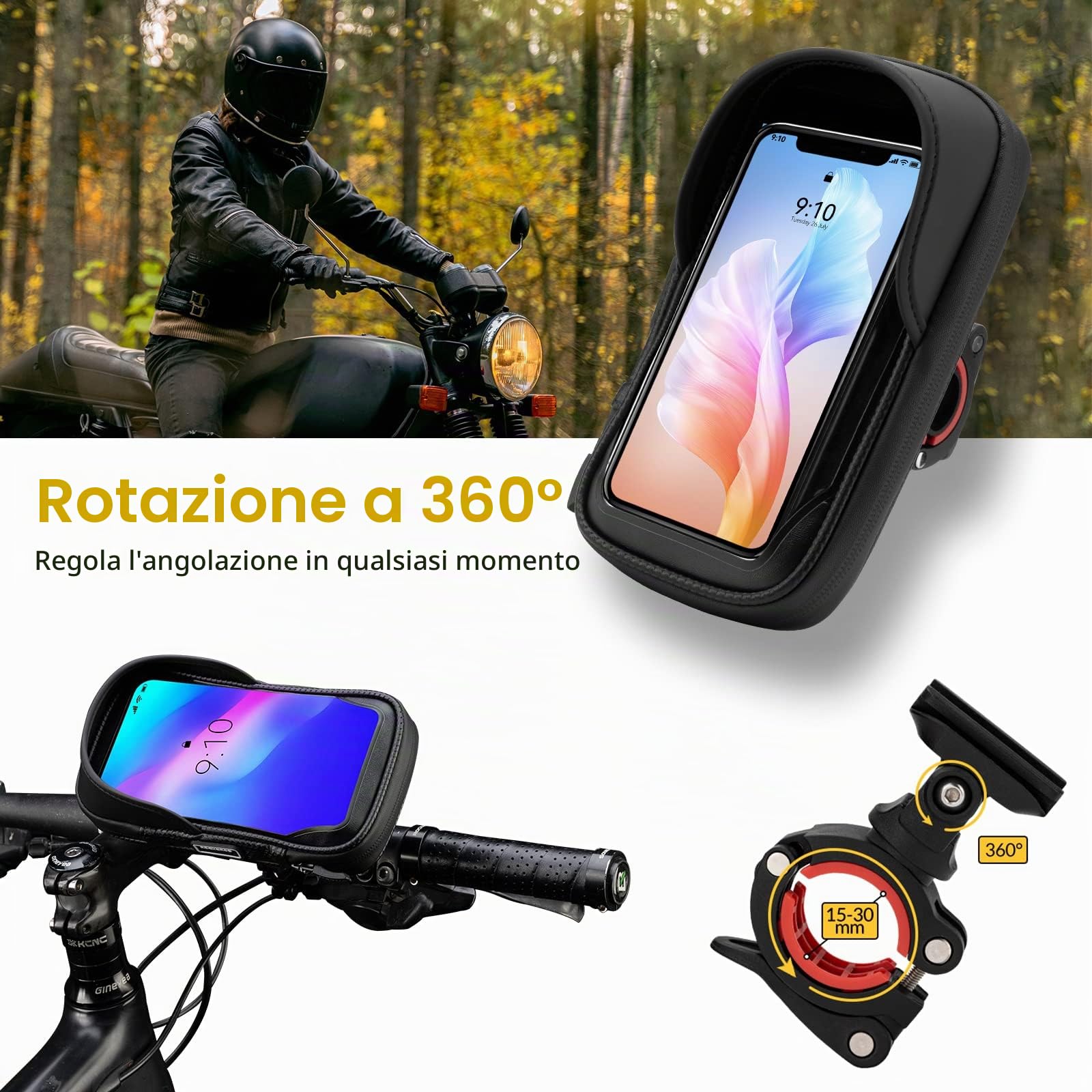 ROCKBROS Borsa Bici Portacellulare Touch Screen <6.2" Tubi 1.8-2.6cm | Schermo Touch Sensibile, Regolabile per Tubi di Diverse Misure, Installazione Veloce, Compatibile con MTB, Scooter e Moto