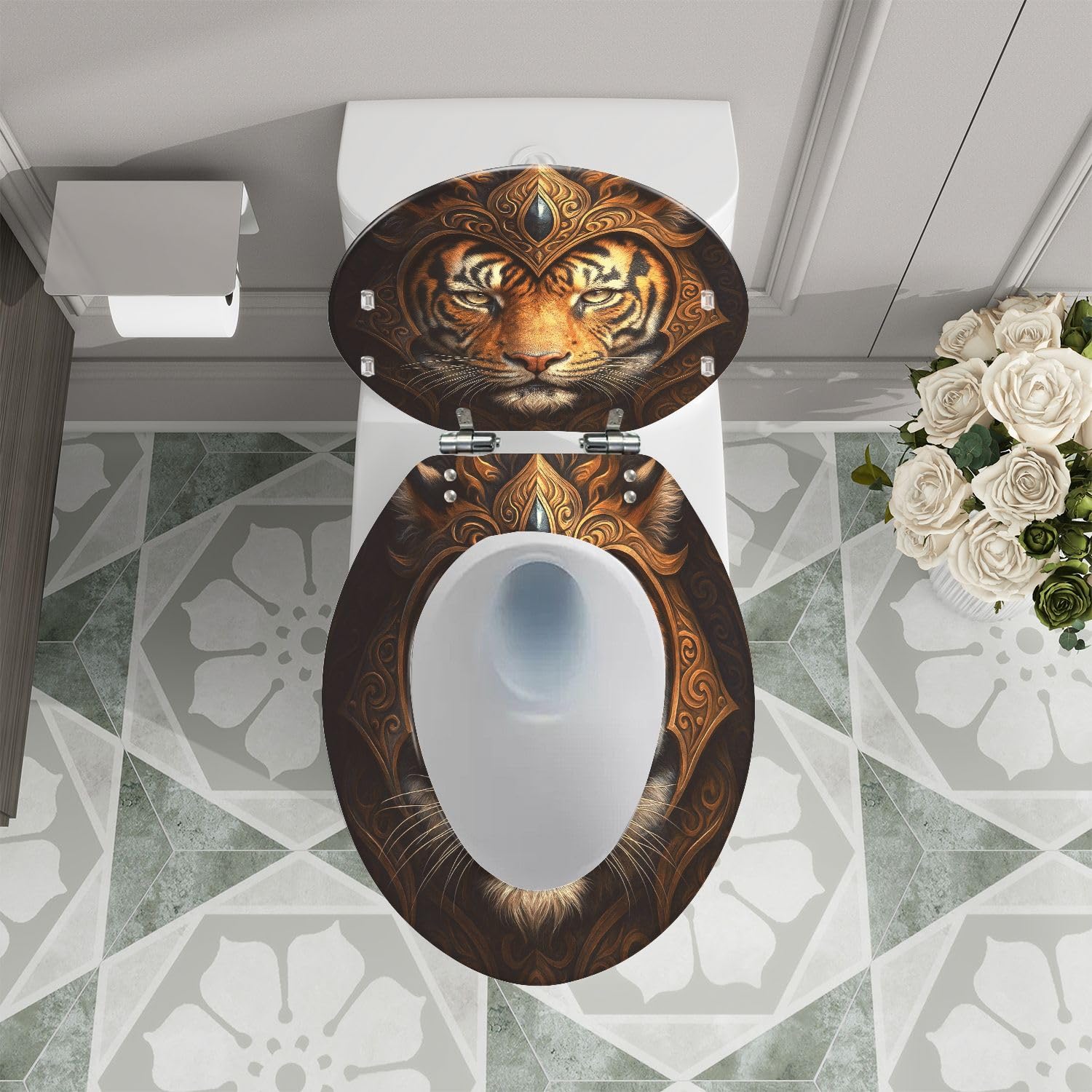 Asiento de inodoro alargado decorativo de resina con diseño de tigre, cierre silencioso, bisagras de liberación rápida, topes, fácil instalación y limpieza.