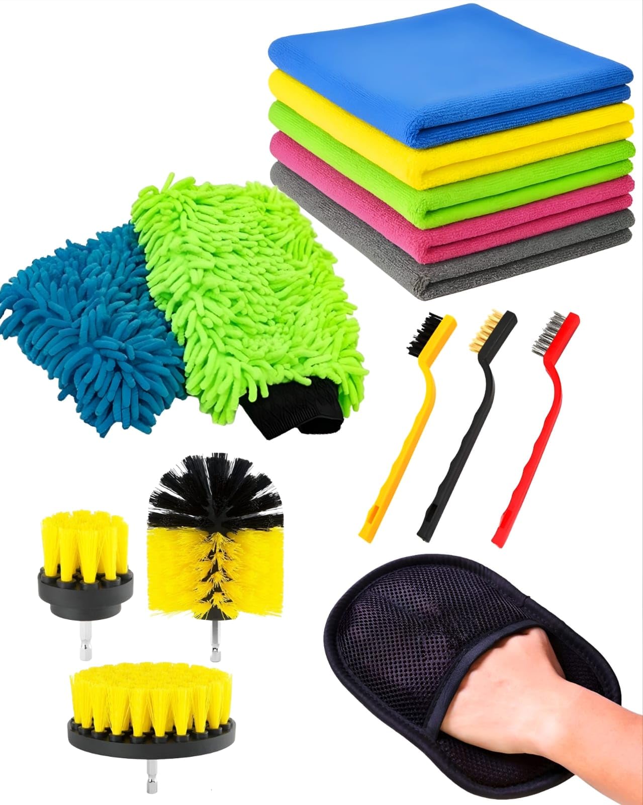 Kyrotech 13’lü Oto Temizlik ve Detaylandırma Seti, 3’lü Jant Ve Zor Kir Tel Fırçası + 3'lü Matkap Fırça + 5’li Mikrofiber Bez + Yün Polisaj Eldiveni + Araç Yıkama Eldiveni, Araç Car Detailing