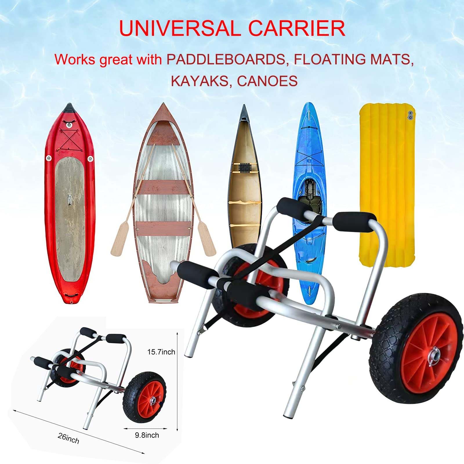 Carrello portatile per canoa, carrello pieghevole per kayak, capacità di carico 50 kg, ruote airless per tutti i terreni da 9,8 pollici, carrello portante a due ruote per accessori per barche canoa