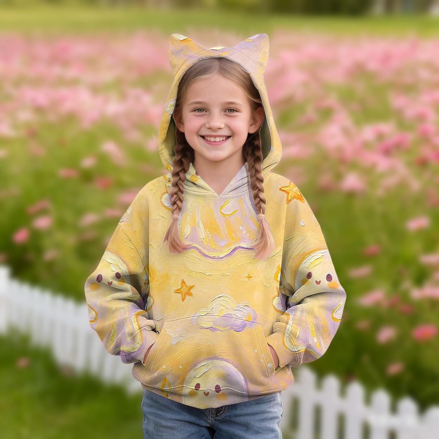 Girls Oversized Hoodie Cute Graphic Long Sleeve Halloween Pullover Cat Ear Hooded Athletic Sweatshirts Teen Trendy