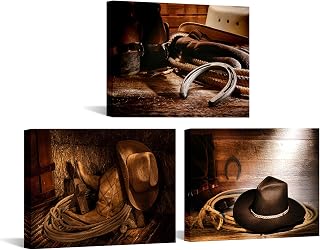VANSEEING Western Decor Cowboy Wall Art Canvas Printed Poster Home Decoration Painting Artwork for Living Room Office Brown Straw Hat Roper Boots Vintage Style Picture Ready to Hang 16"x12"x3 pcs