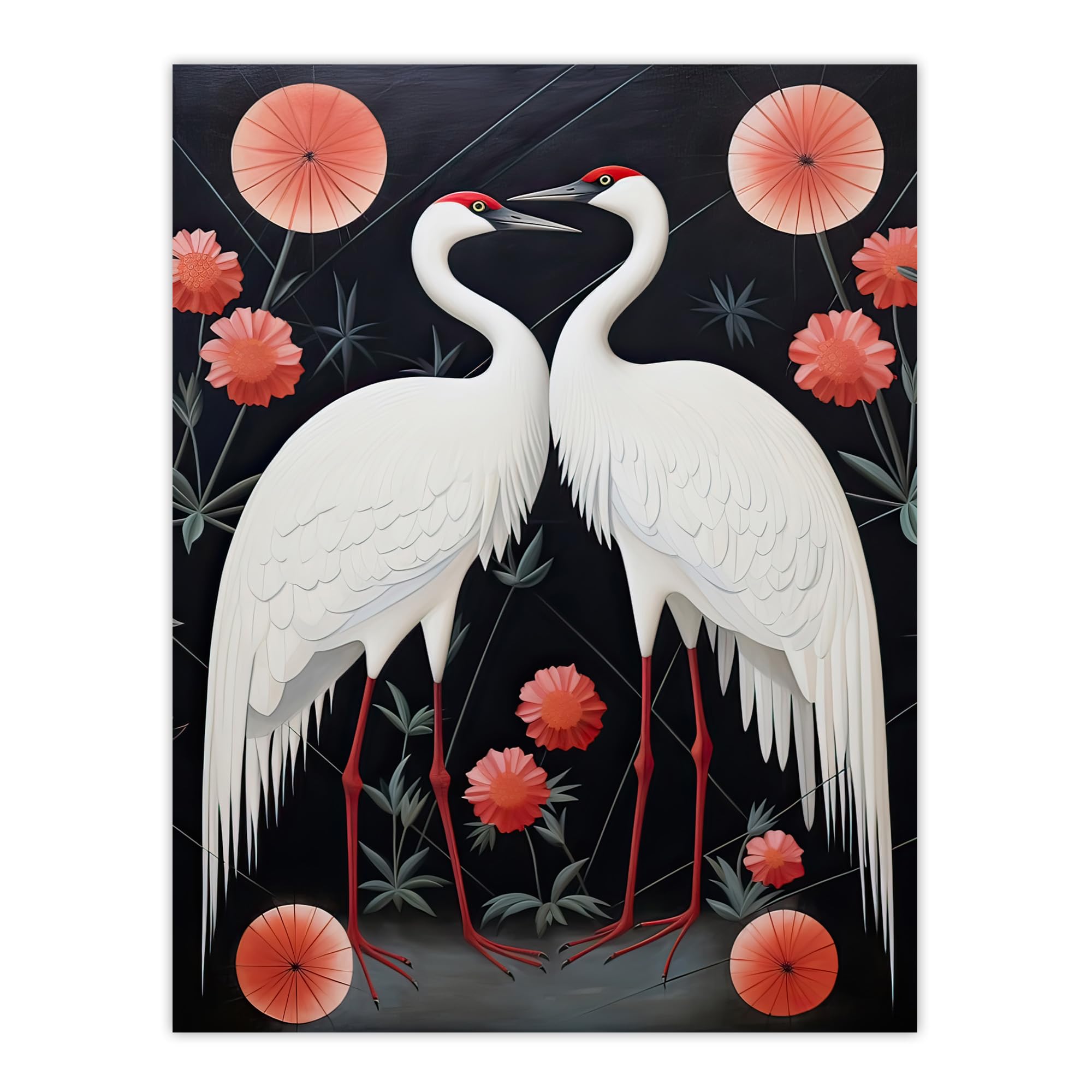 Artery8 Japanese Crane Dance Stylised Oil Painting Pink White Grey Birds and Pink Flowers Abstract Floral Landscape Large Wall Art Poster Print Thick Paper 18X24 Inch