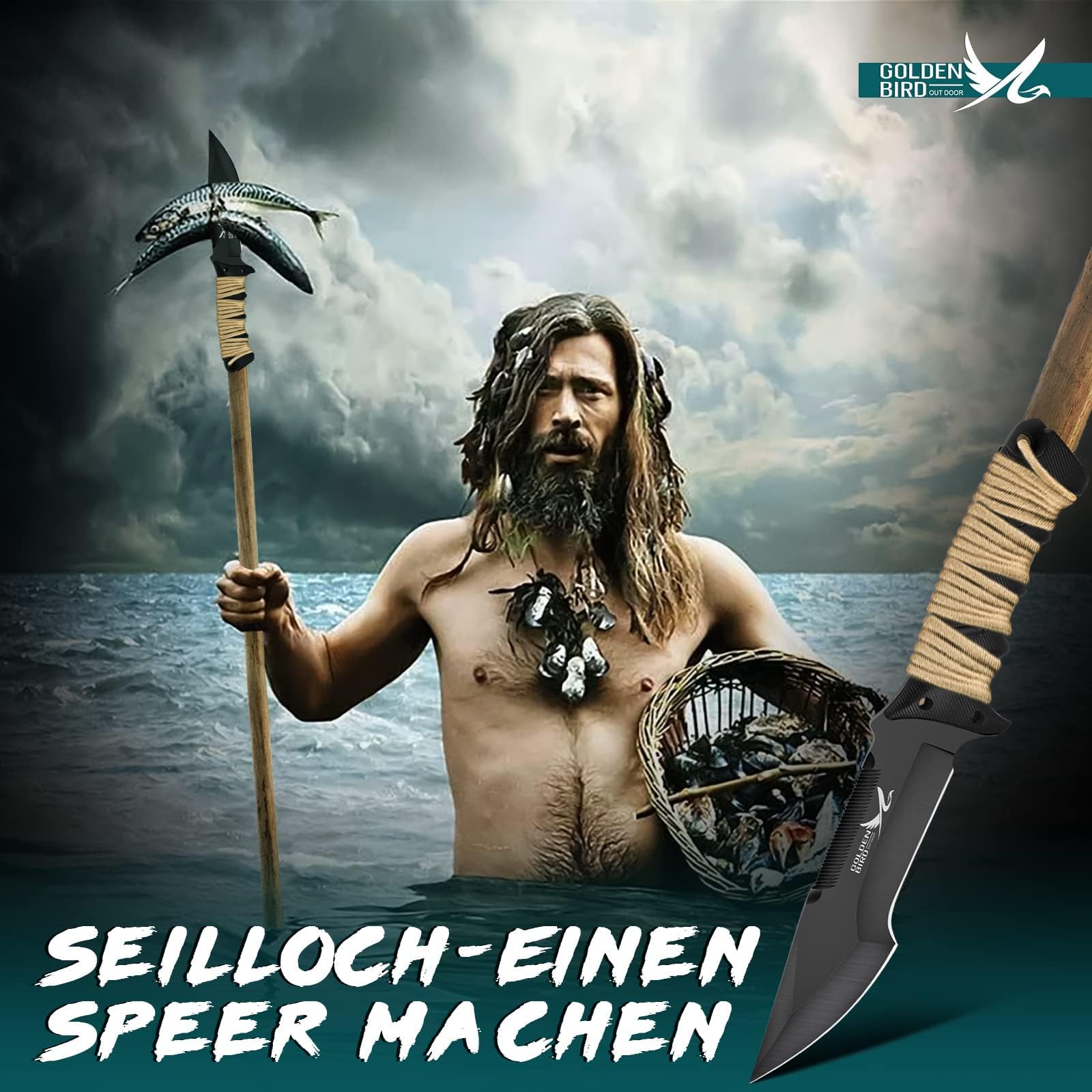 Golden Bird Outdoor Messer Survival Schwarz 2 IN 1 Jagdmesser Feststehende Klinge mit Oxfordscheide - 58HRC 9CR18MOV Stahl Bushcraft Messer Full Tang Survival Messer mit säge - Geschenke für Männer