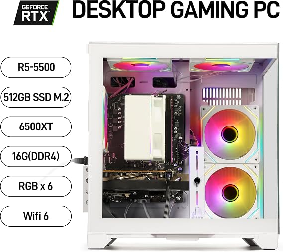 Gaming PC Desktop Computer - Ryzen 5 5500, Radeon RX 6500XT 4GB