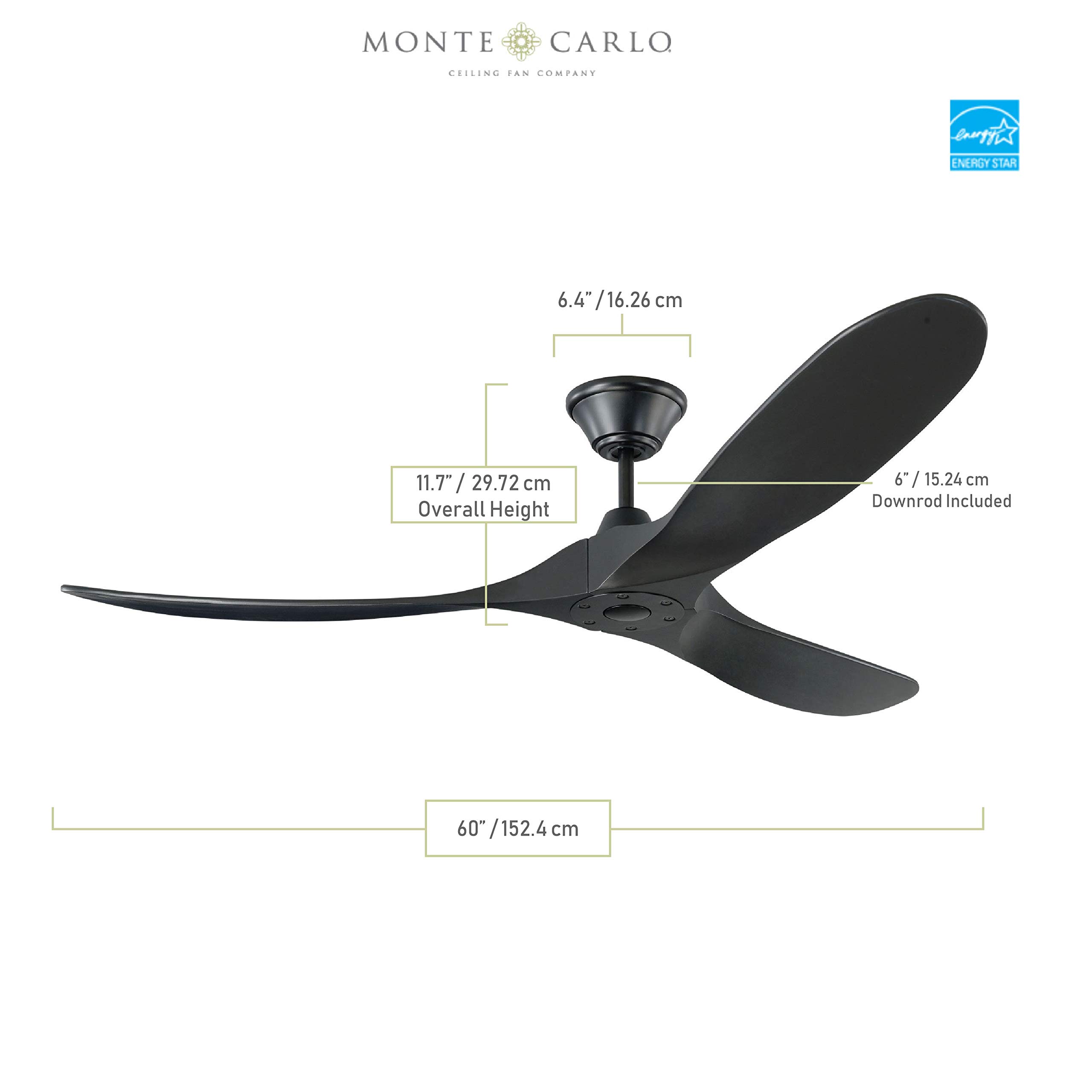Monte Carlo 3MAVR60BKBK Maverick Energy Star 60" Outdoor Ceiling Fan with Remote Control, 3 Balsa Wood Blades, Matte Black