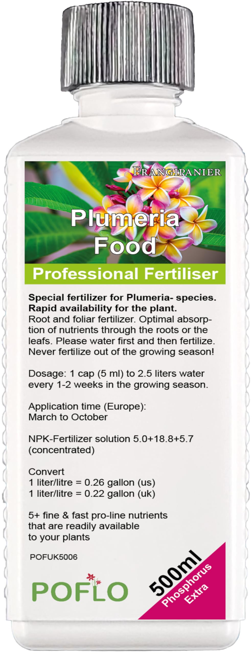 POFLO Plumeria Frangipani Food - Liquid Fertilizer HighTech NPK +P, Root, Soil, Foliar, Fertiliser - Professional Plant Food (500ml)