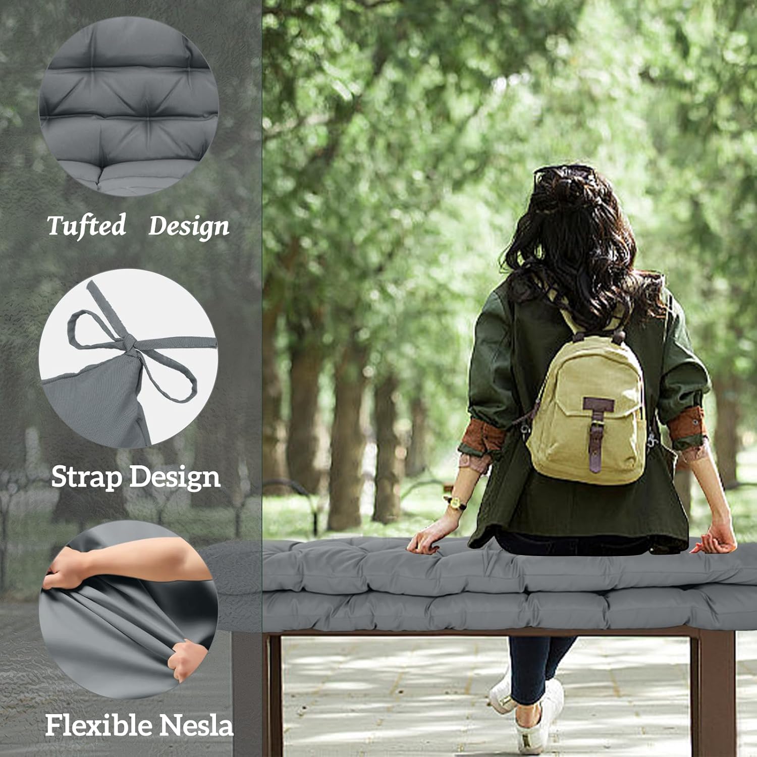 Outside Benches Cushion with Backrest, Thicken Waterproof Swing Cushions 2/3 Seater Replacement, Porch Swing Cushions Outdoor (Gray, 40 x 60 inch)