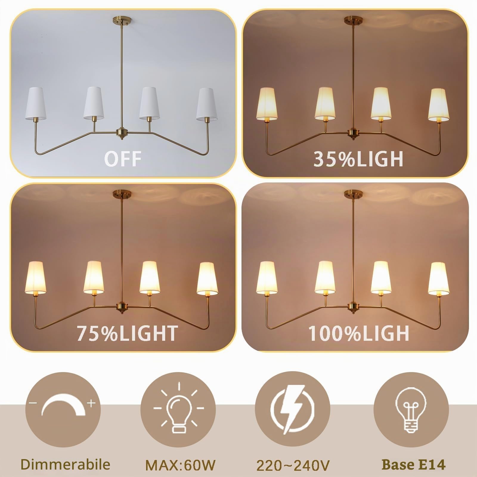 Lampadario Cucina,120Cm Oro Lampadari Camera Da Letto Classic Lineare A 4 Luci Lamp Soggiorno Con Paralume Bianco E14 A Sospensione Per Cameretta