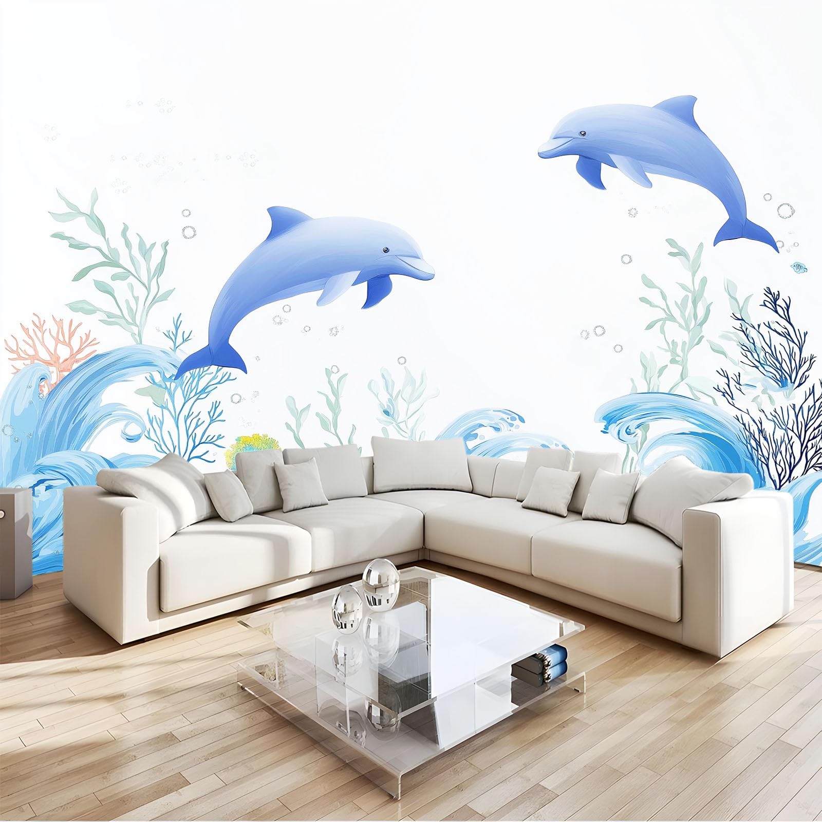 Générique Panoramiczna tapeta kreskówka natura zwierzęta delfin fale koralowe białe 350 x 256 cm - nowoczesny gobelin ścienny z włókniny do salonu, sypialni lub pokoju dziecięcego