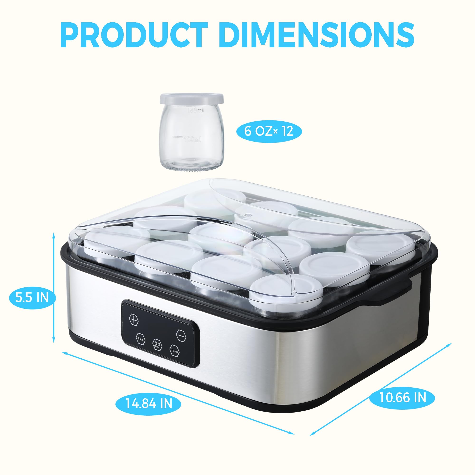 MACTANO Yogurt Maker with Temperature Control, Automatic Yogurt Maker Machine 36 Hours Adjustable Time Probiotic Incubator - 12 Glass Jars