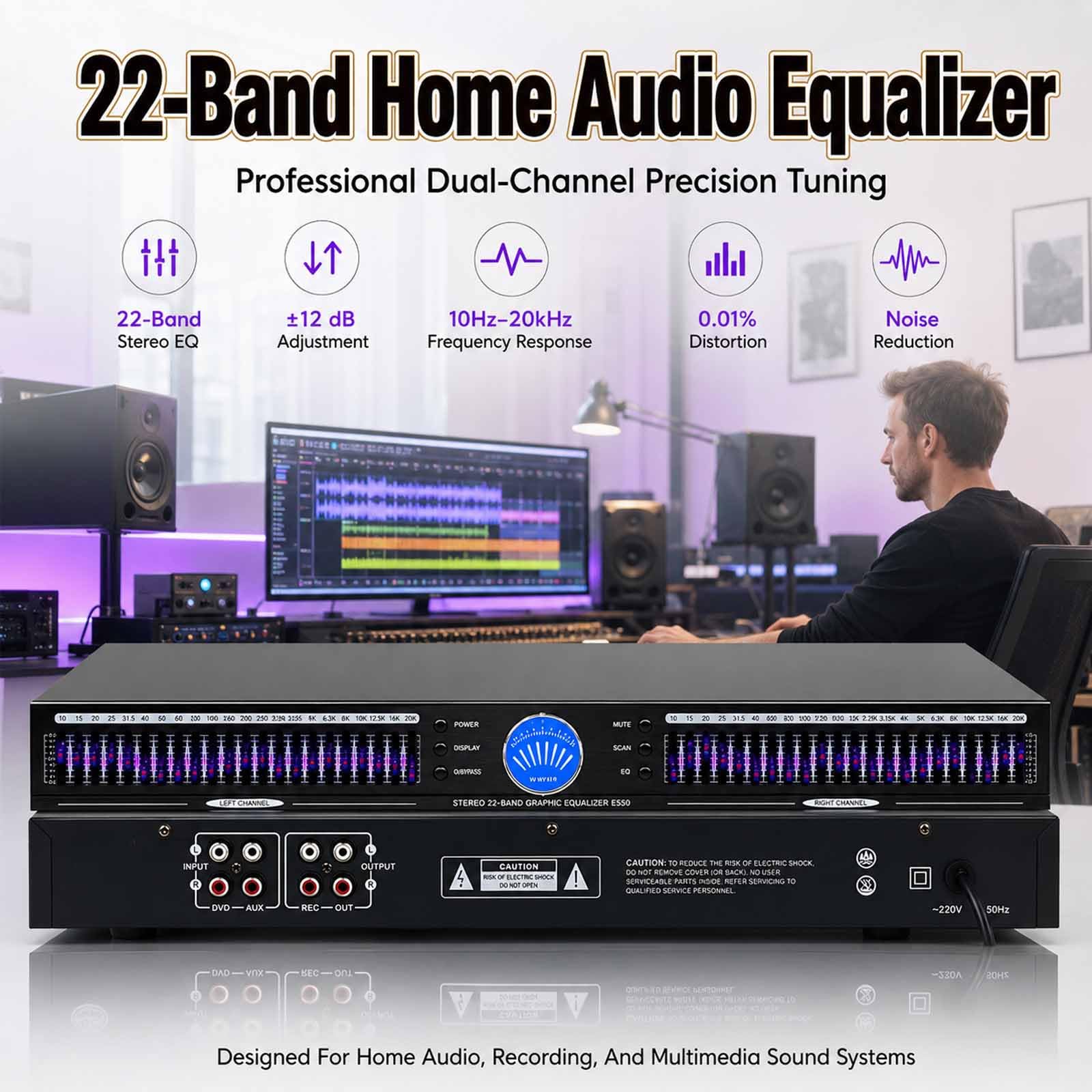 Égaliseur Graphique 22 Bandes Avec Analyseur De Spectre Musical Led, 10 Effets Préréglés, Réduction Automatique Du Bruit, Processeur Audio Double Canal, Connectivité Xlr/trs Polyvalente