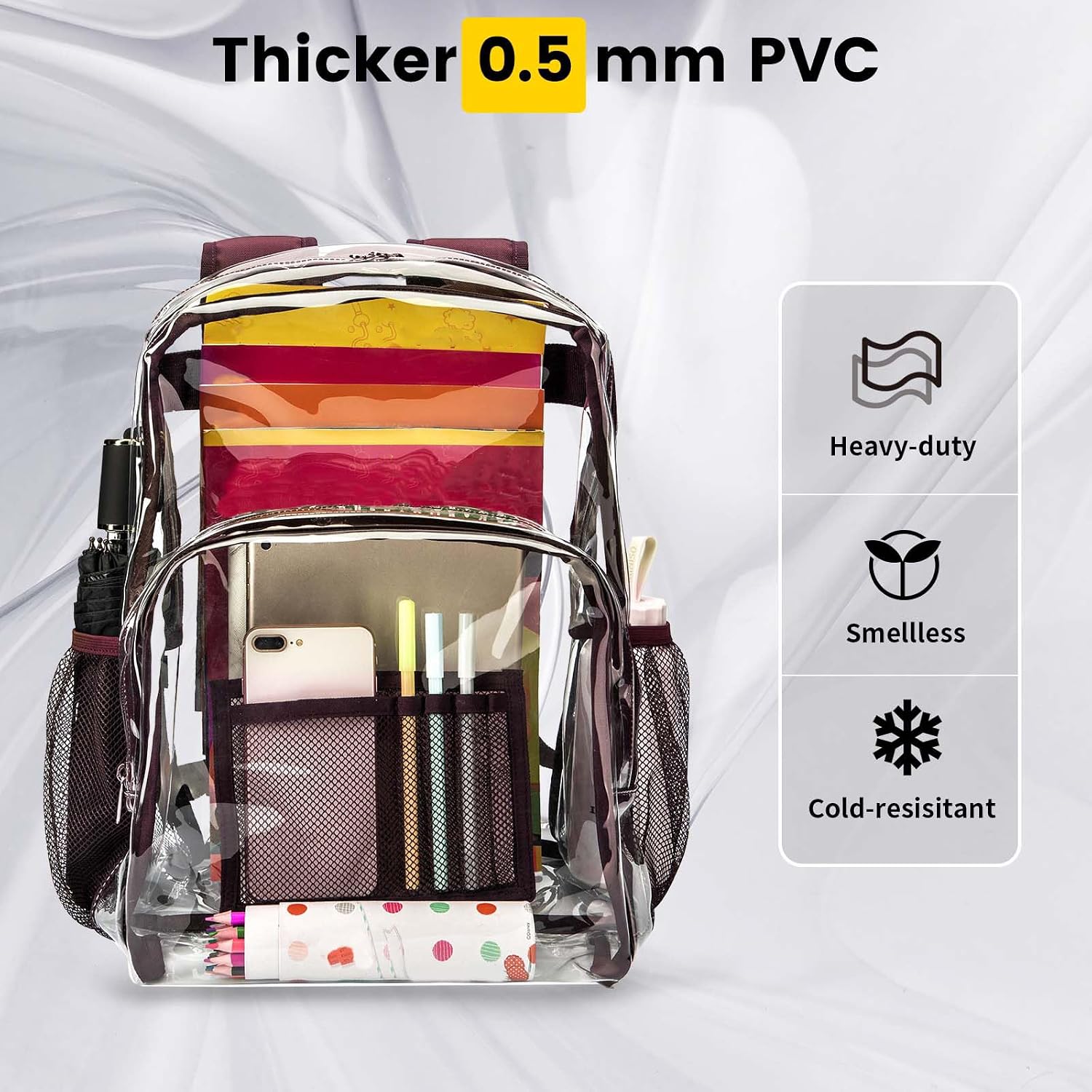  Clear Backpack Heavy Duty PVC Transparent Backpack with Reinforced Strap Stitches & Large Capacity for College Workplace Security - Coffee thumbnail