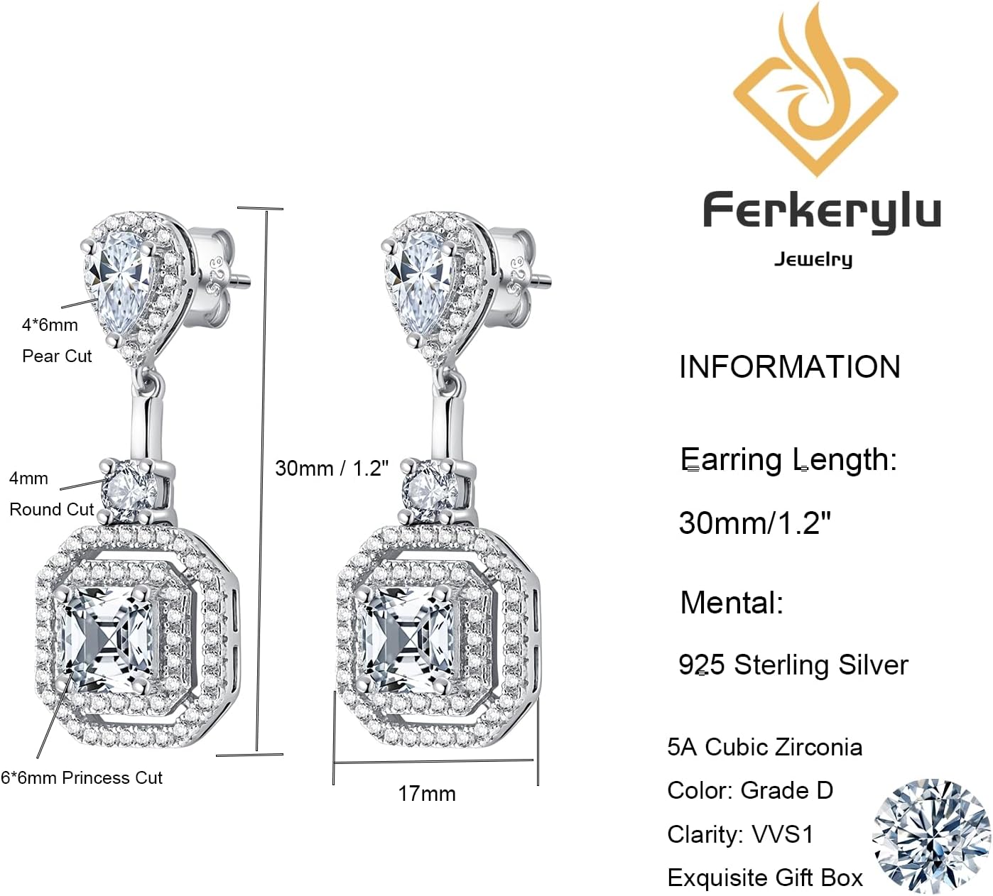 Sterling Silver Diamond Drop Earrings for Women 6 * 6mm Princess Cut Lab Simulation Diamond 5A Cubic Zirconia Earrings Jewelry Gift for Her Birthday Christmas