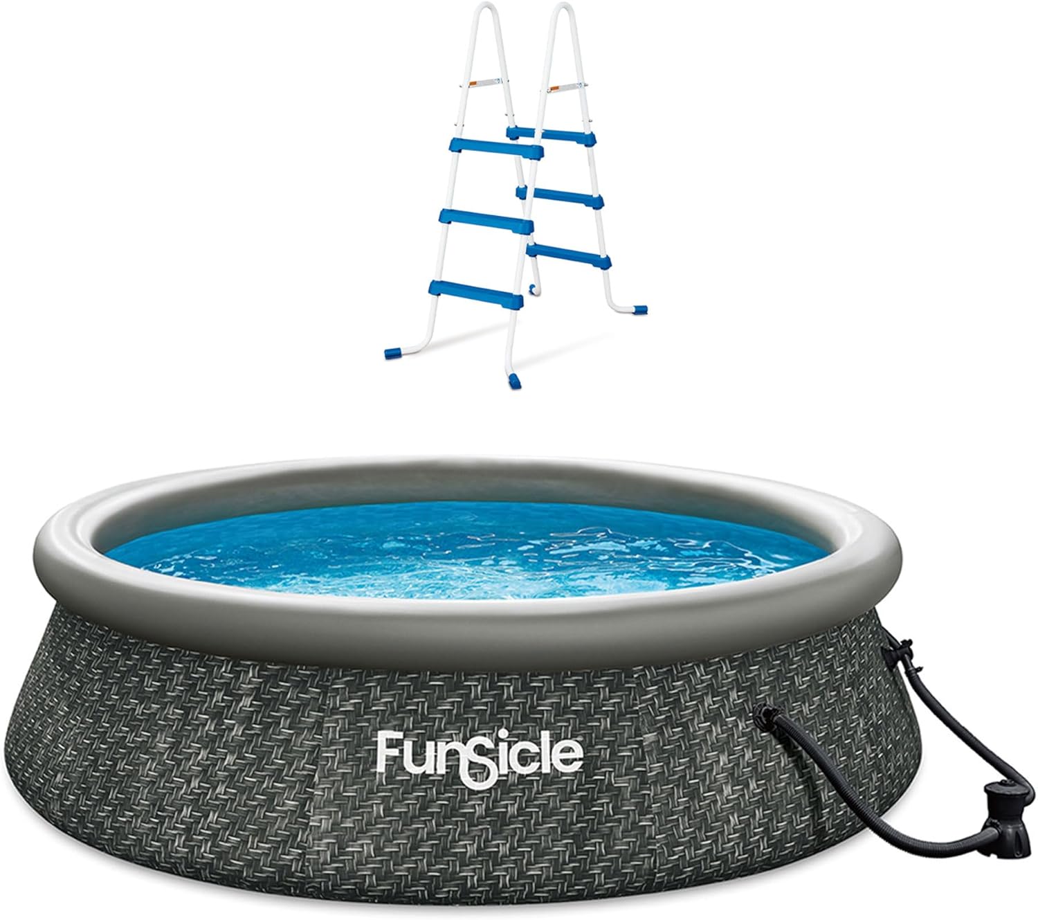Funsicle 36 Inch SureStep 3 Stair Swimming Pool Ladder with 10' x 30" Quickset Inflatable Ring Top Outdoor Above Ground Pool and Pump, Herringbone