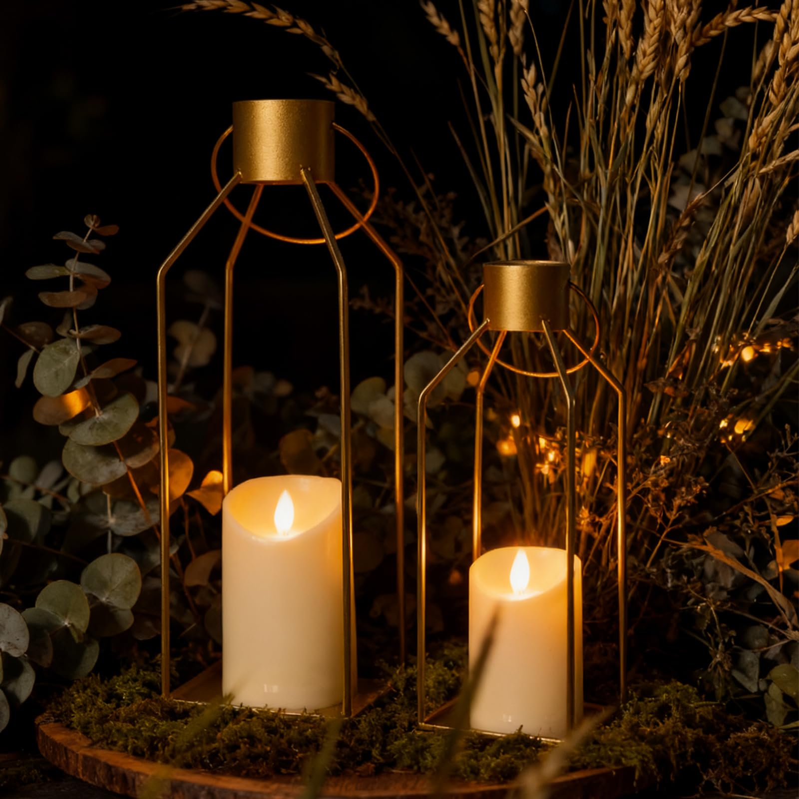 Farolillos para exterior con velas LED, juego de 2 farolillos de jardín de 32 + 40 cm, farolillos decorativos de acero inoxidable, farolillos decorativos para decoración de mesa, boda, Navidad (dorado