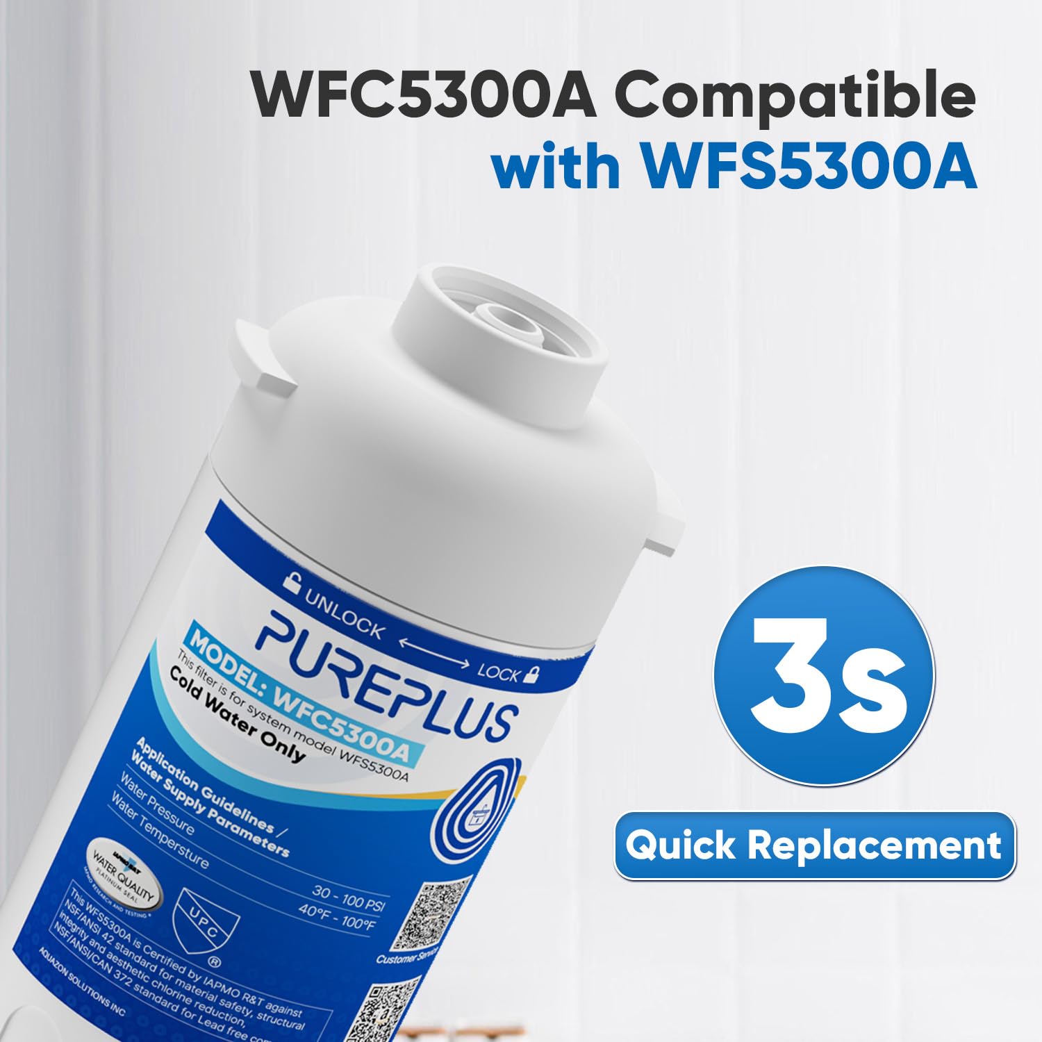 PUREPLUS WFC5300A Under Sink Water Filter, 22000 Gallons, 99.99% Chlorine Reduction, NSF/ANSI Certified, Replacement for WFS5300A Under Counter Water Filtration System