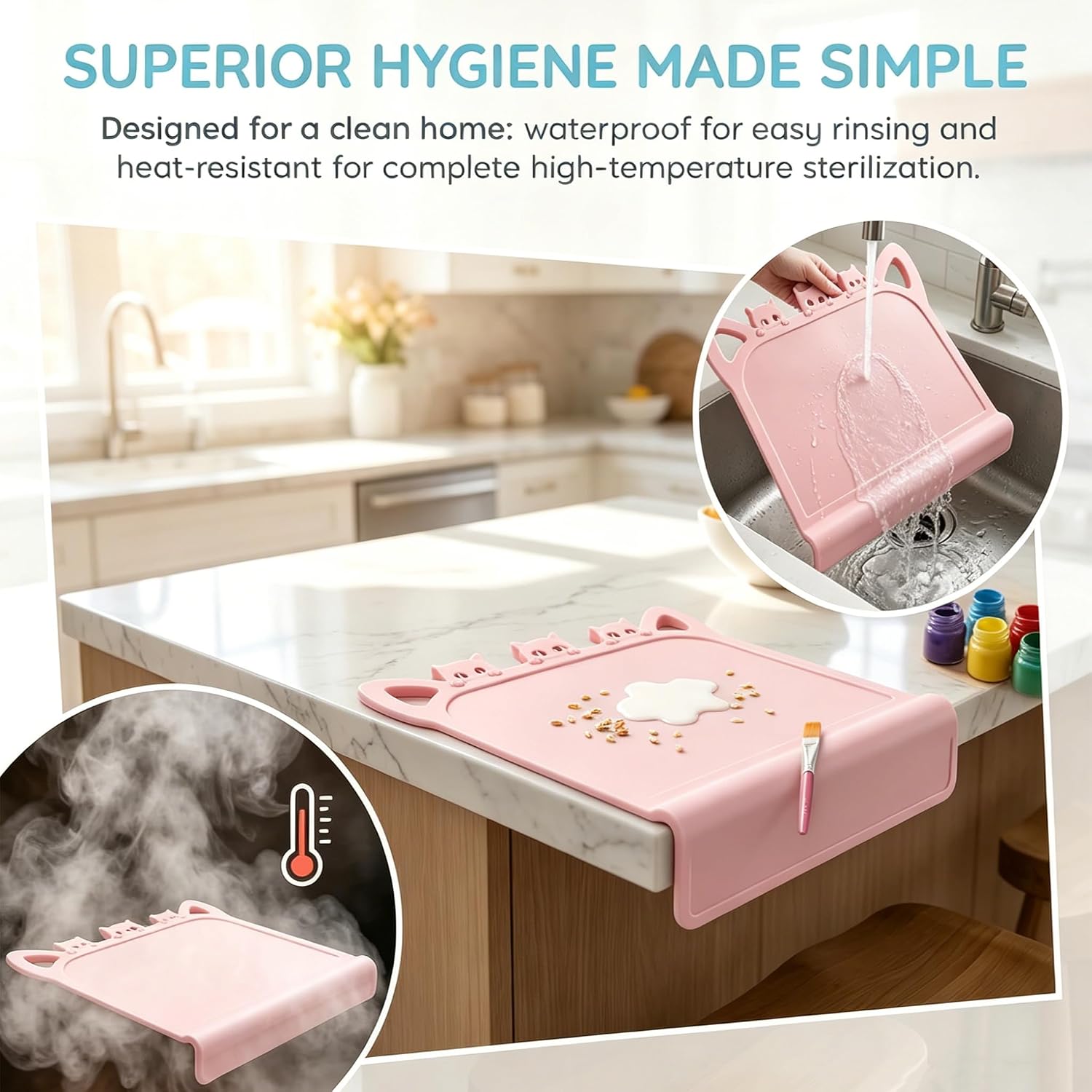 Silicone Toddler Placemat with Teething Table Edge Bumper - 2-in-1 Feeding & Teething Mat, BPA-Free Food-Grade Silicone, Non-Slip Waterproof Baby Feeding Mat, Easy Clean Dishwasher Safe (Soft Pink)
