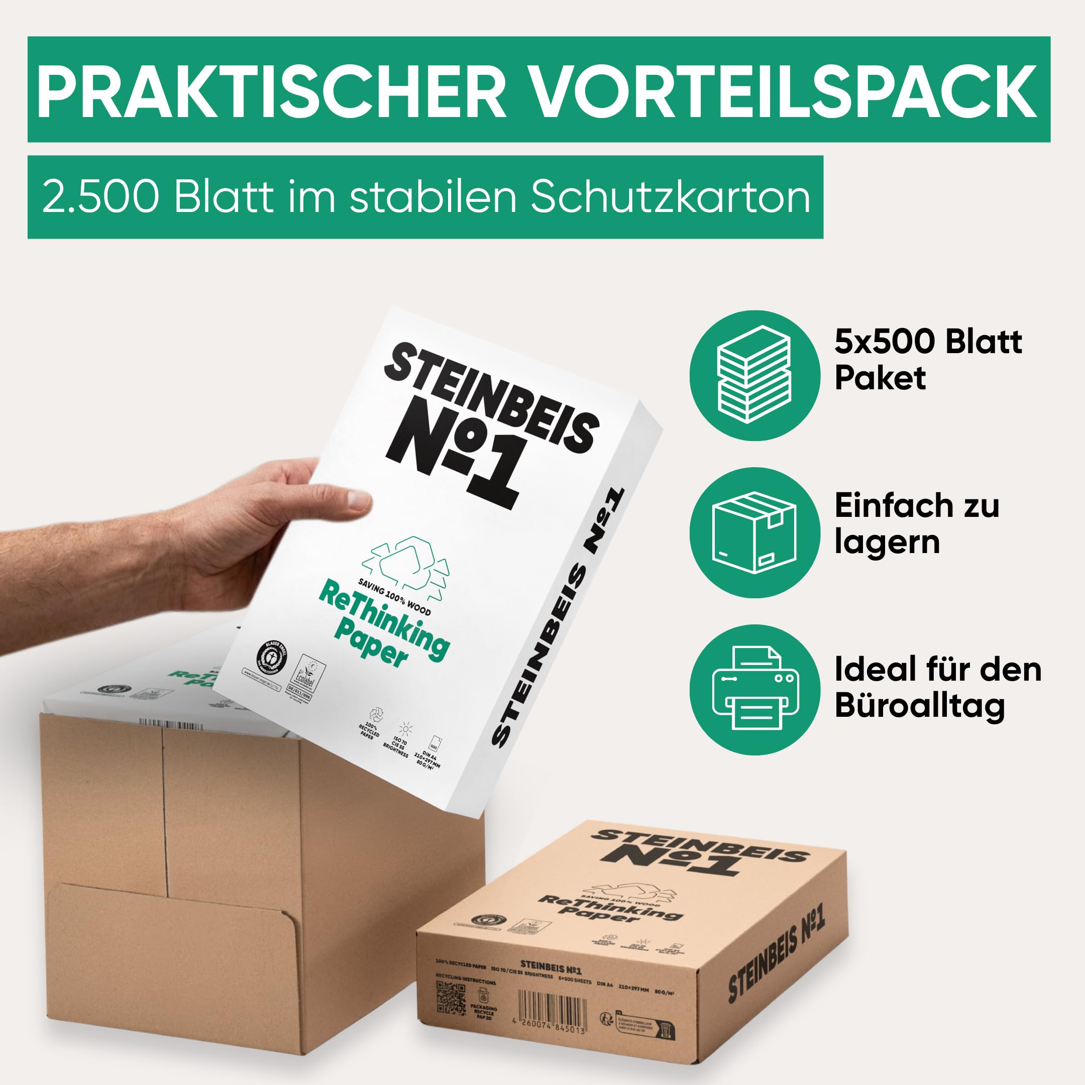 Steinbeis No. 1 Druckerpapier – 2500 (5 x 500) Blatt DIN A4 Recycling-Papier 80 g/m², Weiß & Chlorfrei, hochwertiges Kopierpapier ISO 70 / CIE 55
