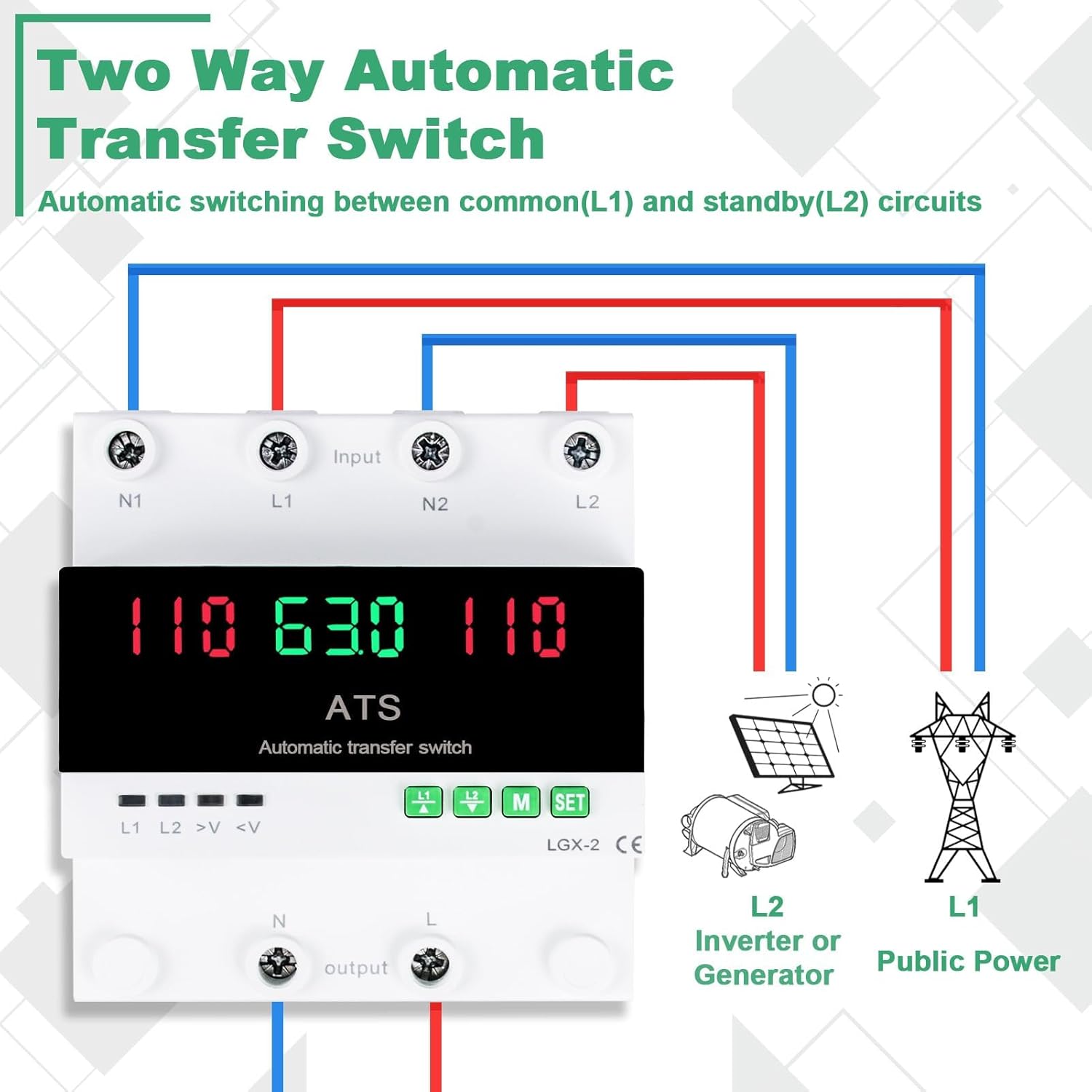 63A 110V Automatic/Manual Transfer Switch, L1 Priority Phase Selector, LED Display, Din Rail Mount, 50/60Hz, CE Certified ATS for Generator, Inverter, Public Power