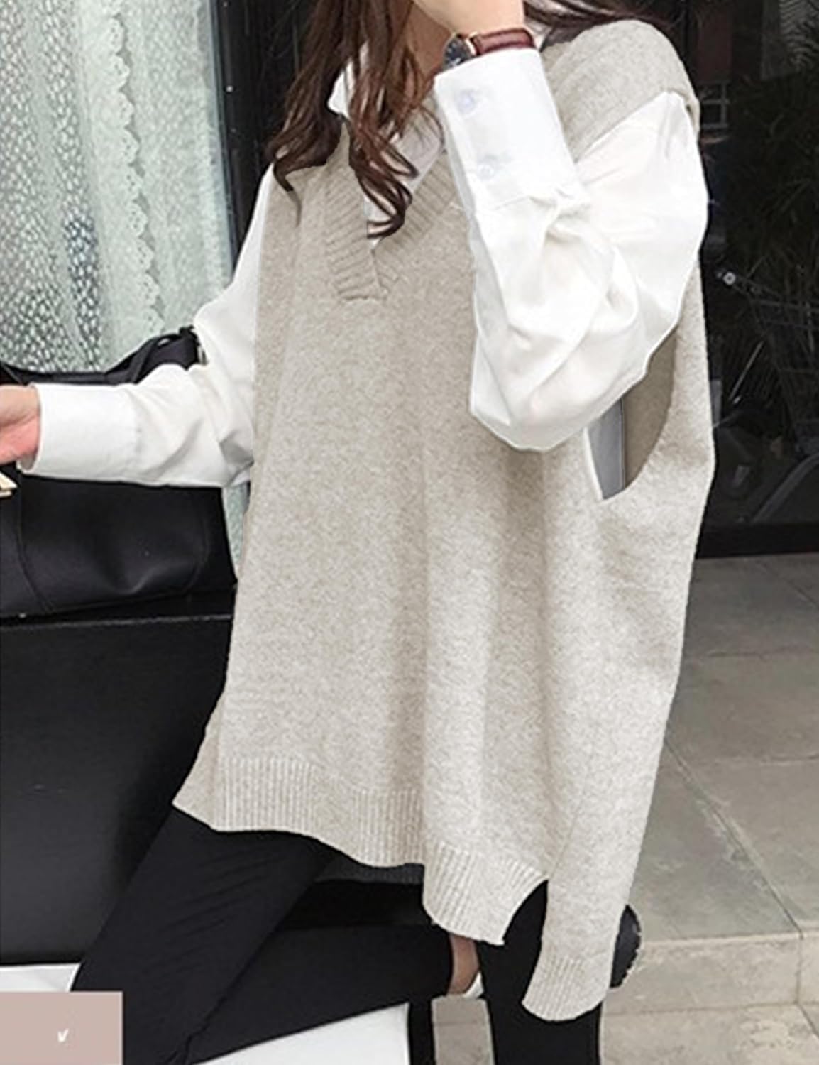 HangNiFang Long Sweater Vest for Women 2025 Oversized Knit Sleeveless Sweater Mini Dress Pullover Side Split Tops - Image 3