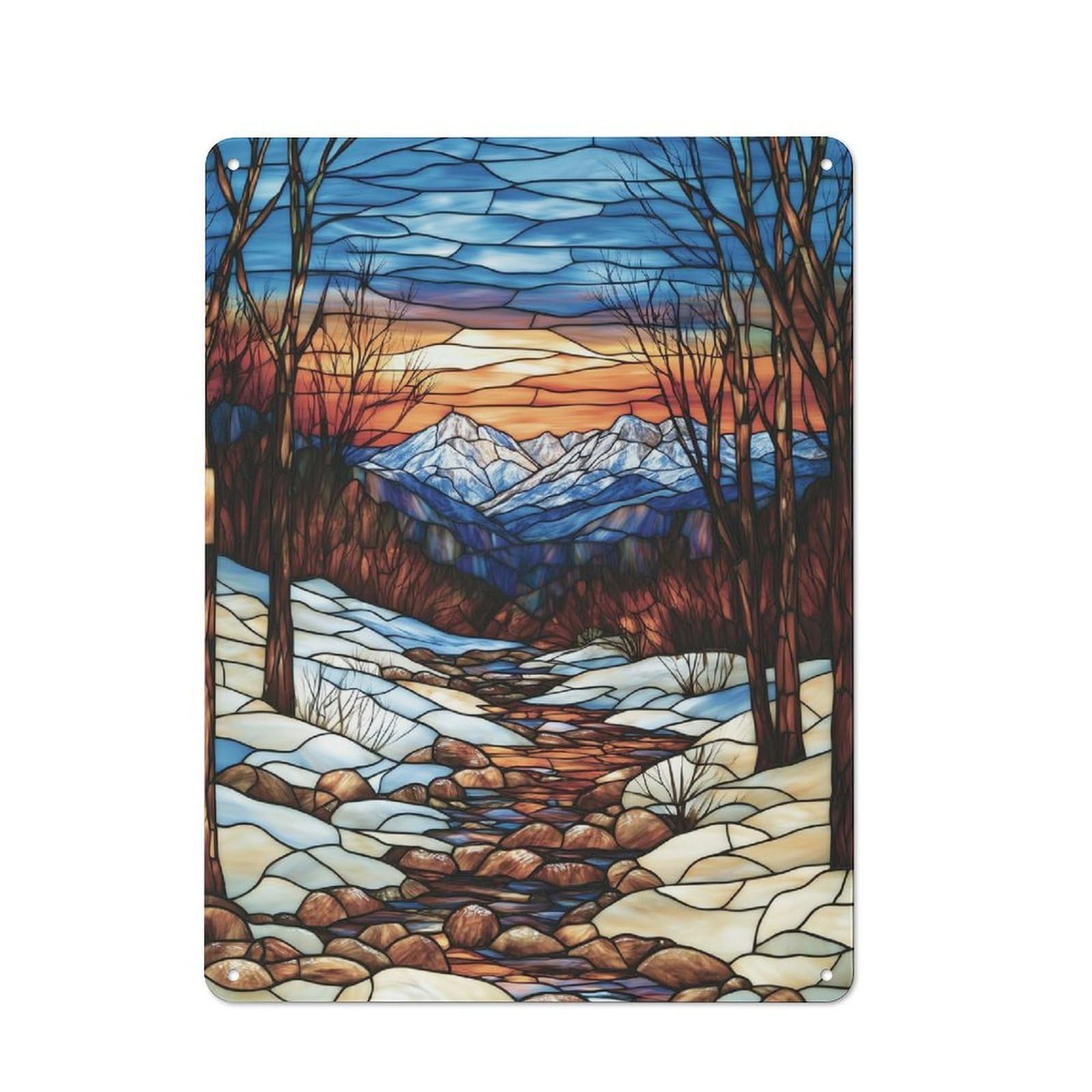 Junmoney Style-17 Tin Wall Plaque 40X30cm With Stained Glass Mountain Stream For Workshop Wall, Housewarming Wall Decor For People Furnishing Workshop