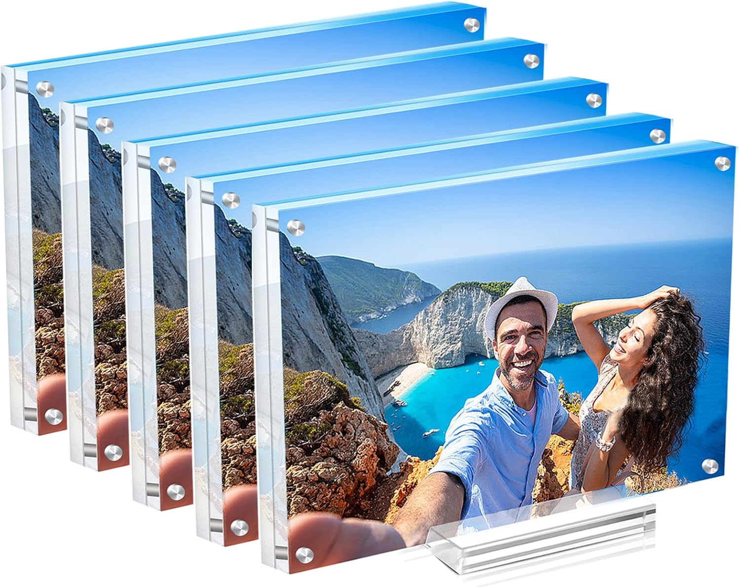 5 Pack 5x7 Acrylic Picture Frame with Magnetic, Frameless Double Sided Clear Frame with Base, Floating Lucite Transparent Photo Frame for Tabletop Display with Exquisite Package
