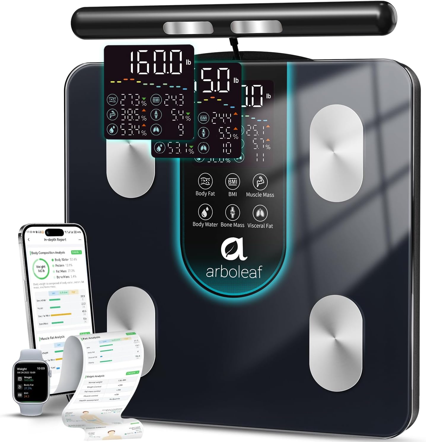 arboleaf Smart Scale for Body Weight, 8-Electrode Dual-Frequency BIA Bathroom Scale with 7-in-1 Display for BMI Body Fat Muscle Mass, Segmental Full Body Composition Analyzer, 50+ Metrics in App