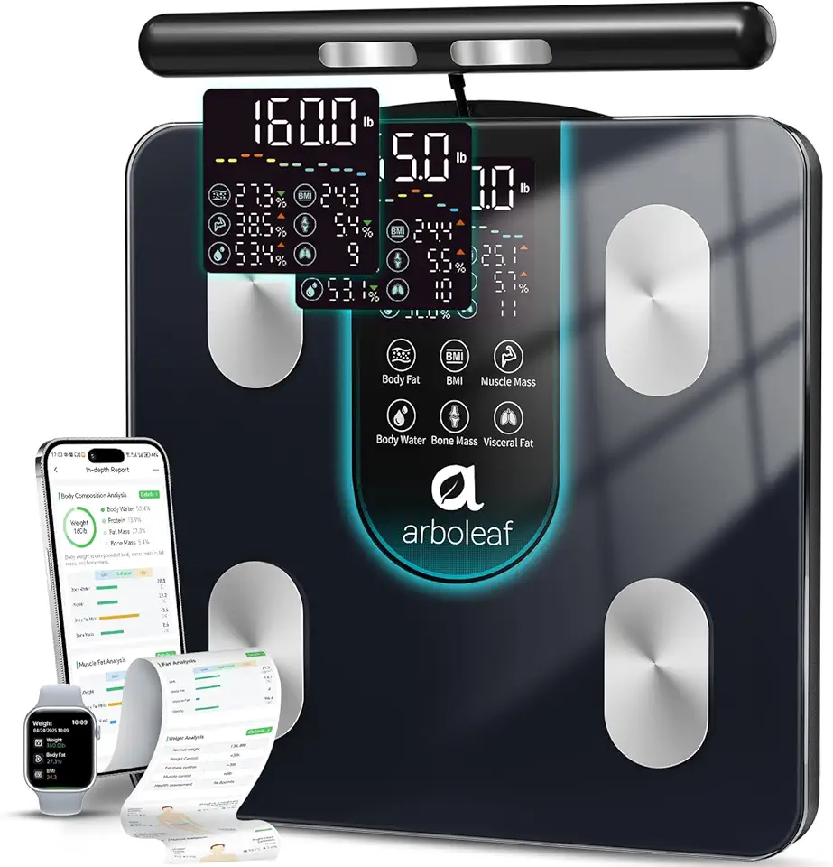 arboleaf Balança Digital Corporal com Bioimpedância, Balança Bioimpedancia Inteligente, Balanca Digital de Chao, Balança de Banheiro com BIA de Dupla Frequência e 8 Eletrodos, Fitness, Bluetooth,Preto