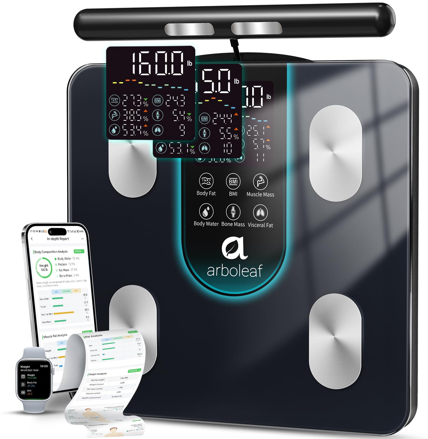 arboleaf smart scale for body weight, 8-electrode dual-frequency bia bathroom scale with 7-in-1 display for bmi body fat muscle mass, segmental full body composition analyzer, 50+ metrics in app