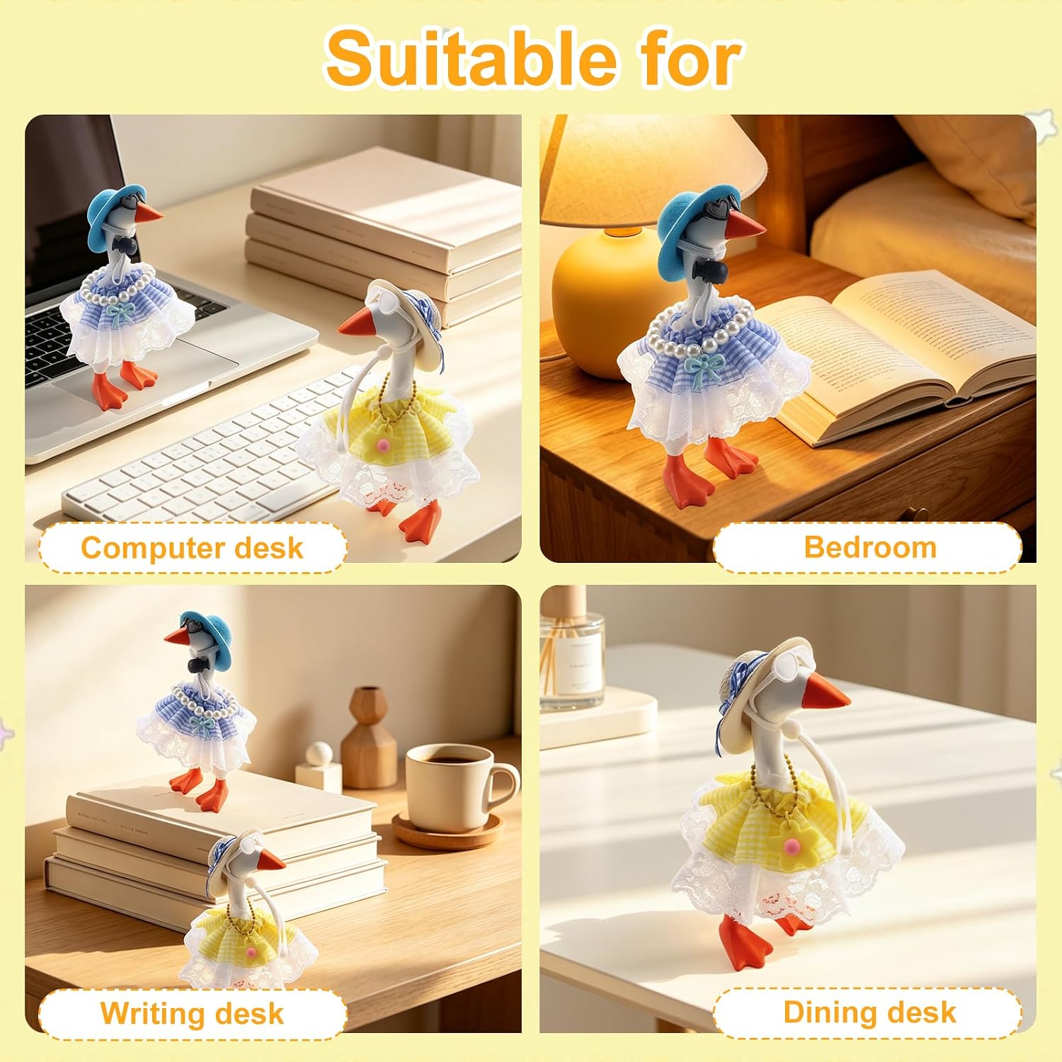 2 Sets Kawaii Desk Goose Outfits Summer 7 Inch Boho Desktop Goose Clothes with Straw Hat Pearl Necklace Sunglasses Dress for Magnetic Goose Statue Home Office Decor Gift image 4