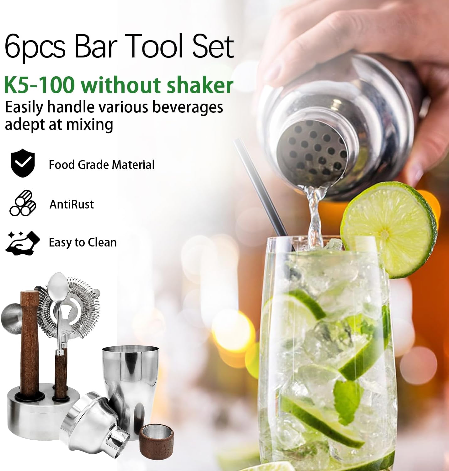 6 PCS Bar Tool Set Stainless Steel Cocktail Shaker Kit With Muddler, Double Jigger, Mixing Spoon, Strainer & Matte Round Stand Bartender Essentials Barware For Home Bar Party & Celebration