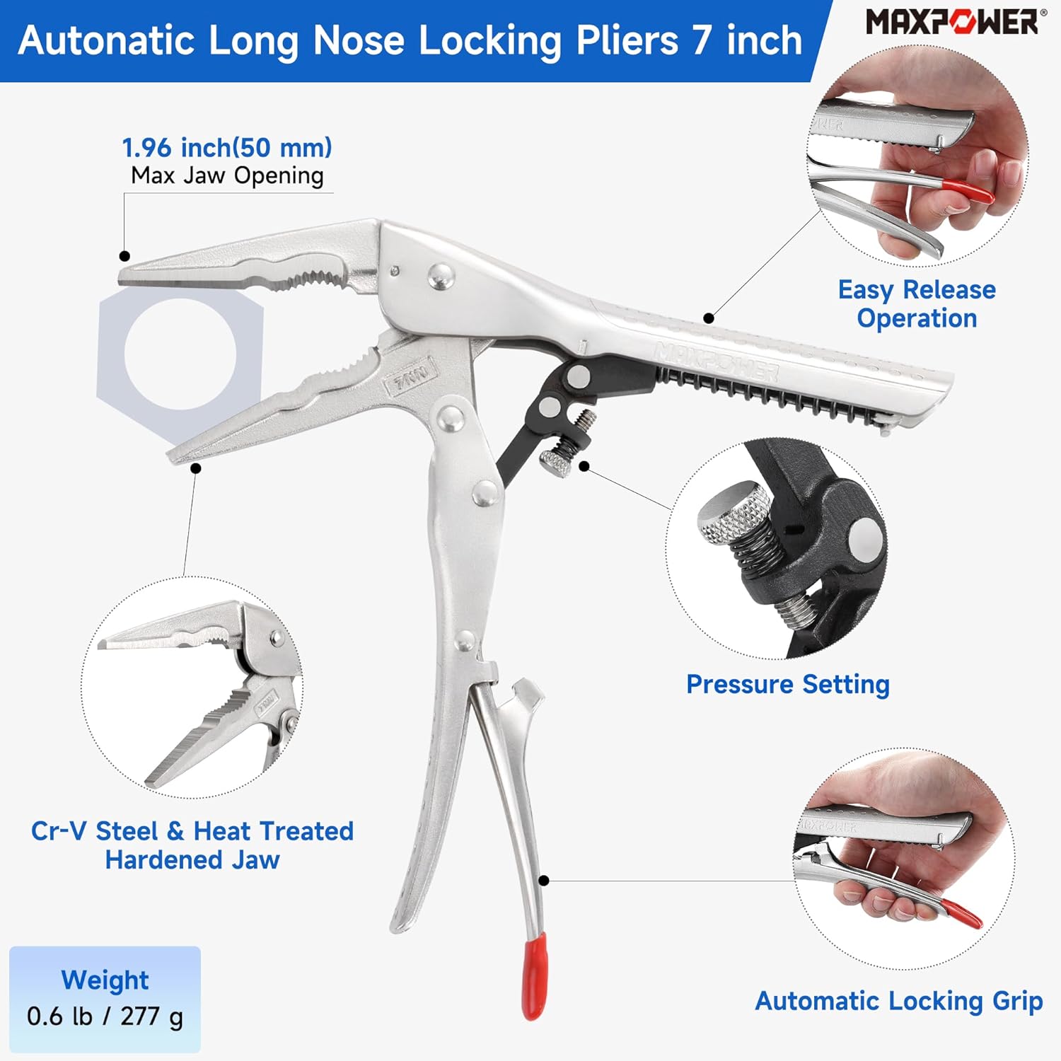 MAXPOWER 2 Pieces Self-adjusting Locking Pliers Clamp Set, 7 inch Long Nose Pliers, 10.5 inch Locking C Clamp
