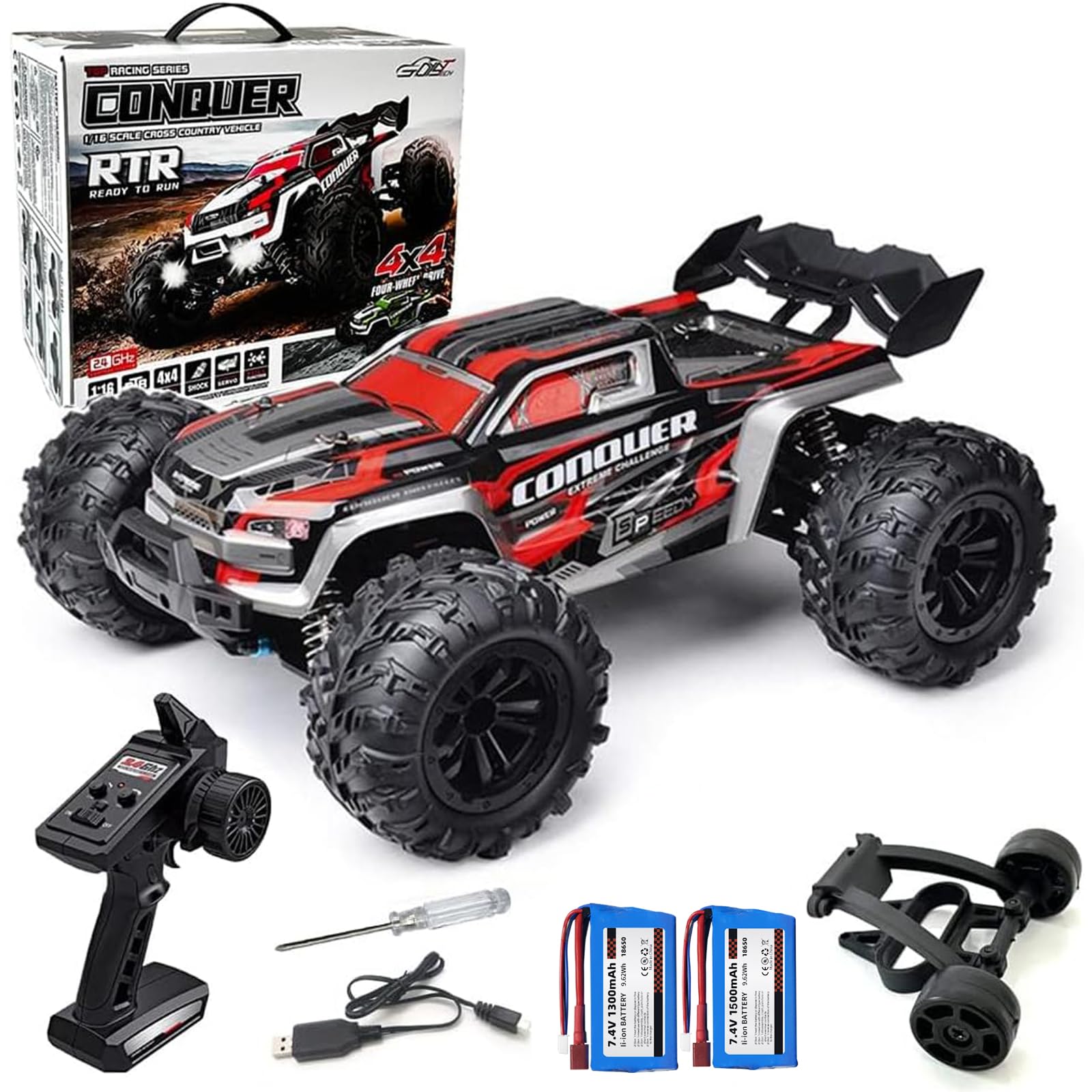 Yidedraw RC Cars 1:16 Scale Remote Control Car 50 KMH High Speed RC Truck for Adults Teens Boys 2.4 GHz 4WD All Terrains RC Buggy Off-Road Drift RC Monster Trucks with 2 Batteries 50 Mins Play RTR-Red