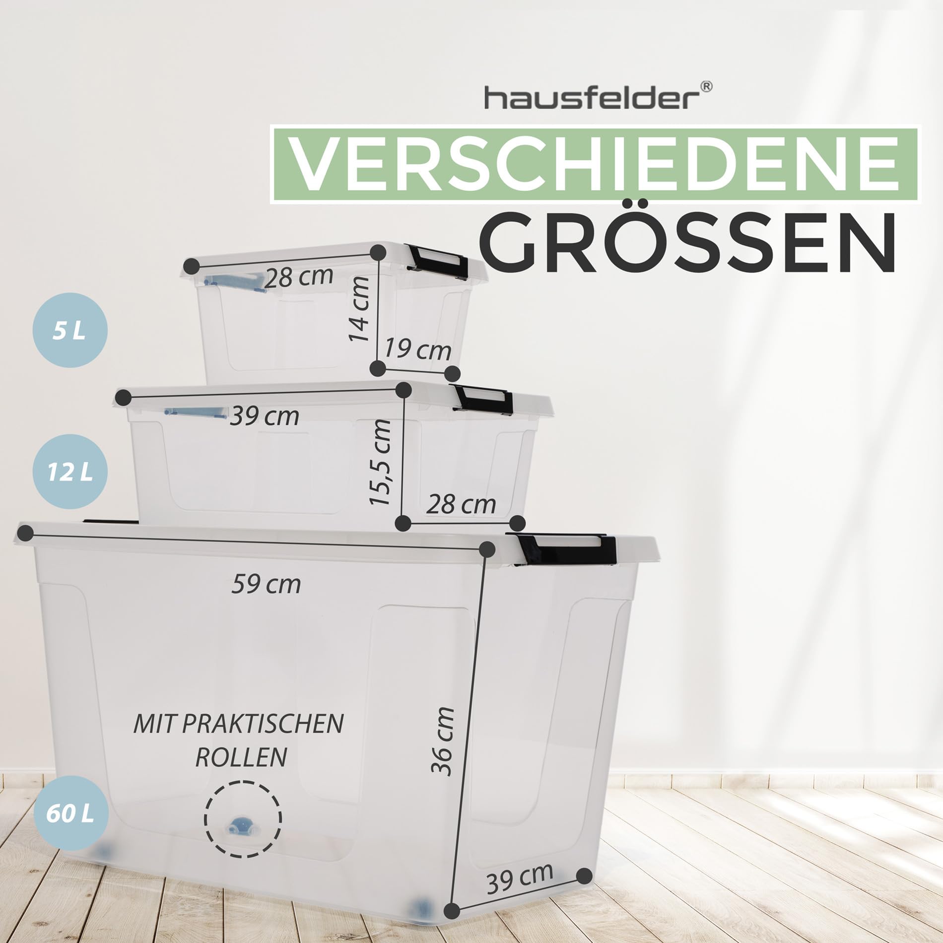 Hausfelder Aufbewahrungsboxen 10er Set, 12 l, mit Deckel, transparent | Kunststoffboxen mit Deckel für Küche, Keller, Garage und Haushalt, stapelbar, transparent