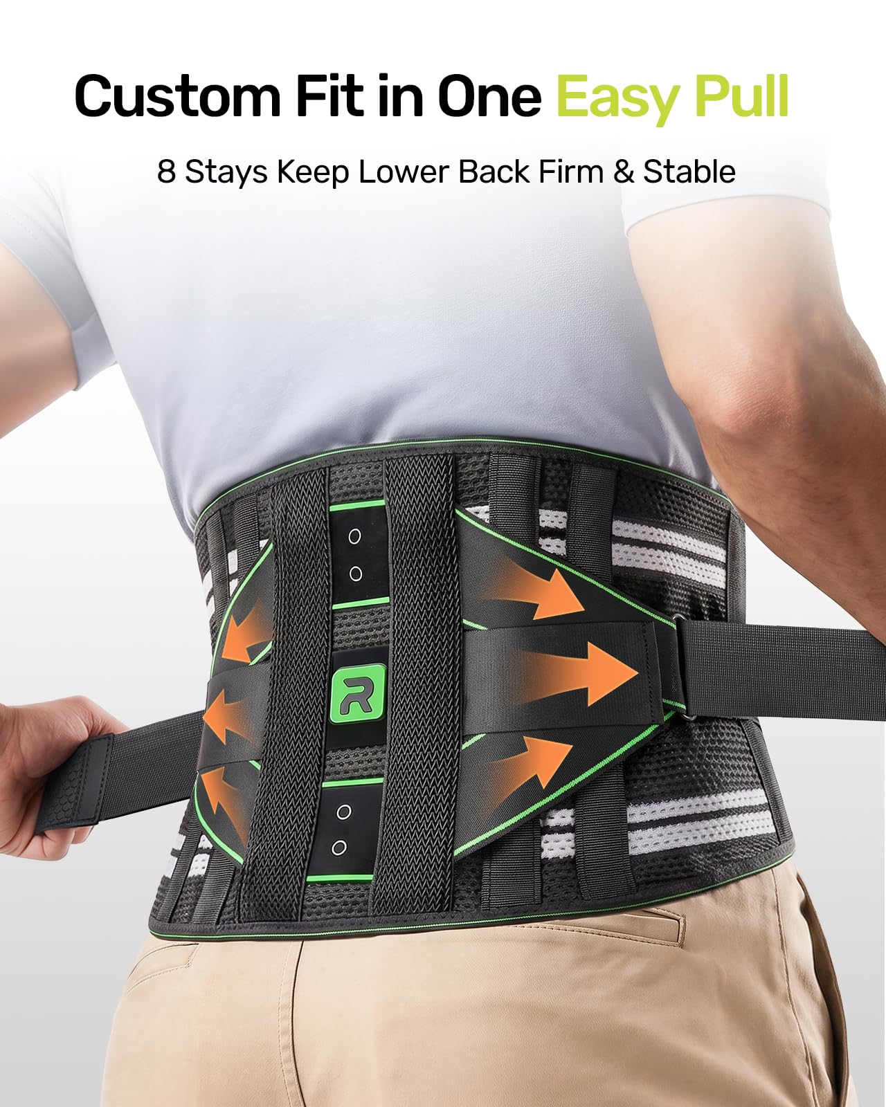Rakiie Lumbar Para Hombre y Mujer, Soporte Lumbar 8X Potente con Almohadilla 3D, Soporte de Espalda Transpirable con Correa Ajustable (Verde, XX-Large)