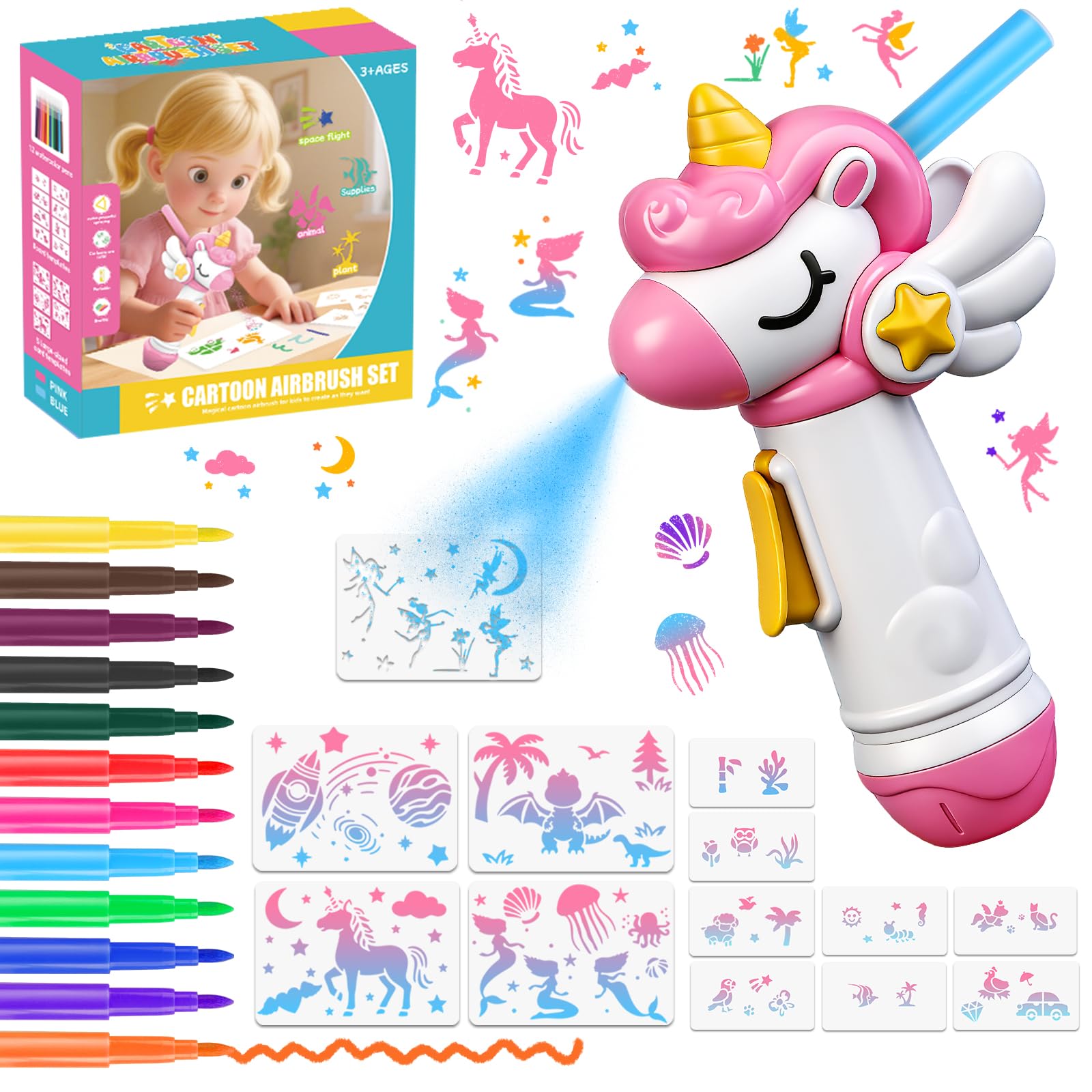 nicknack Electric Airbrush Paint Pen Kit for Kids-12 Washable Markers & 13 Stencil, Marker Airbrush Spray, Arts and Crafts Set, Creative Childrens Gift for Boys & Girls Drawing Painting Ages 3+