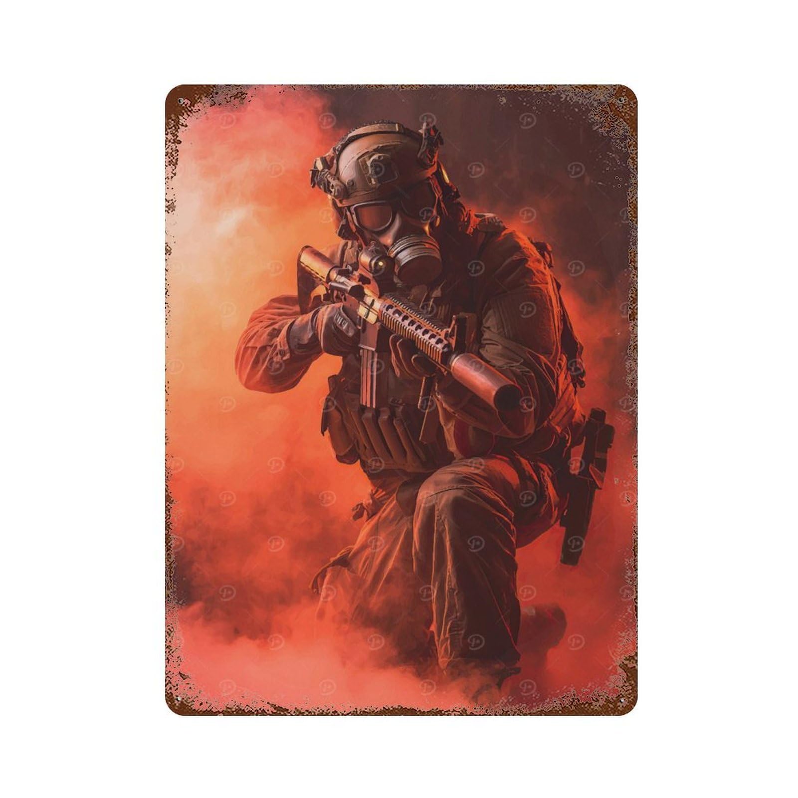 Vintage Rust Metal Sign Soldier Gas Mask Red Smoke 15.7"x11.8", Shabby Chic Decor for Cafe, Home Bar And Lounge Decor