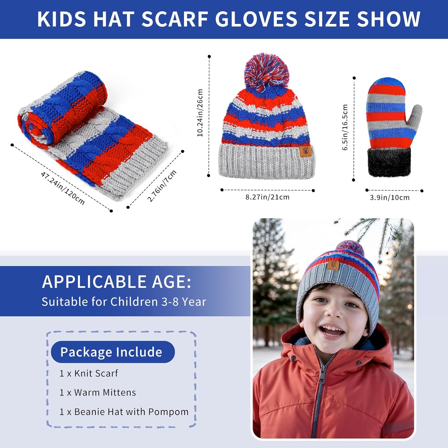 Boys Winter Hat Scarf and Gloves Set for Kids Warm Knitted Hat Mittens and Fleece Neck Warmer Scarf Set for Boys Girls 3pcs - Image 2