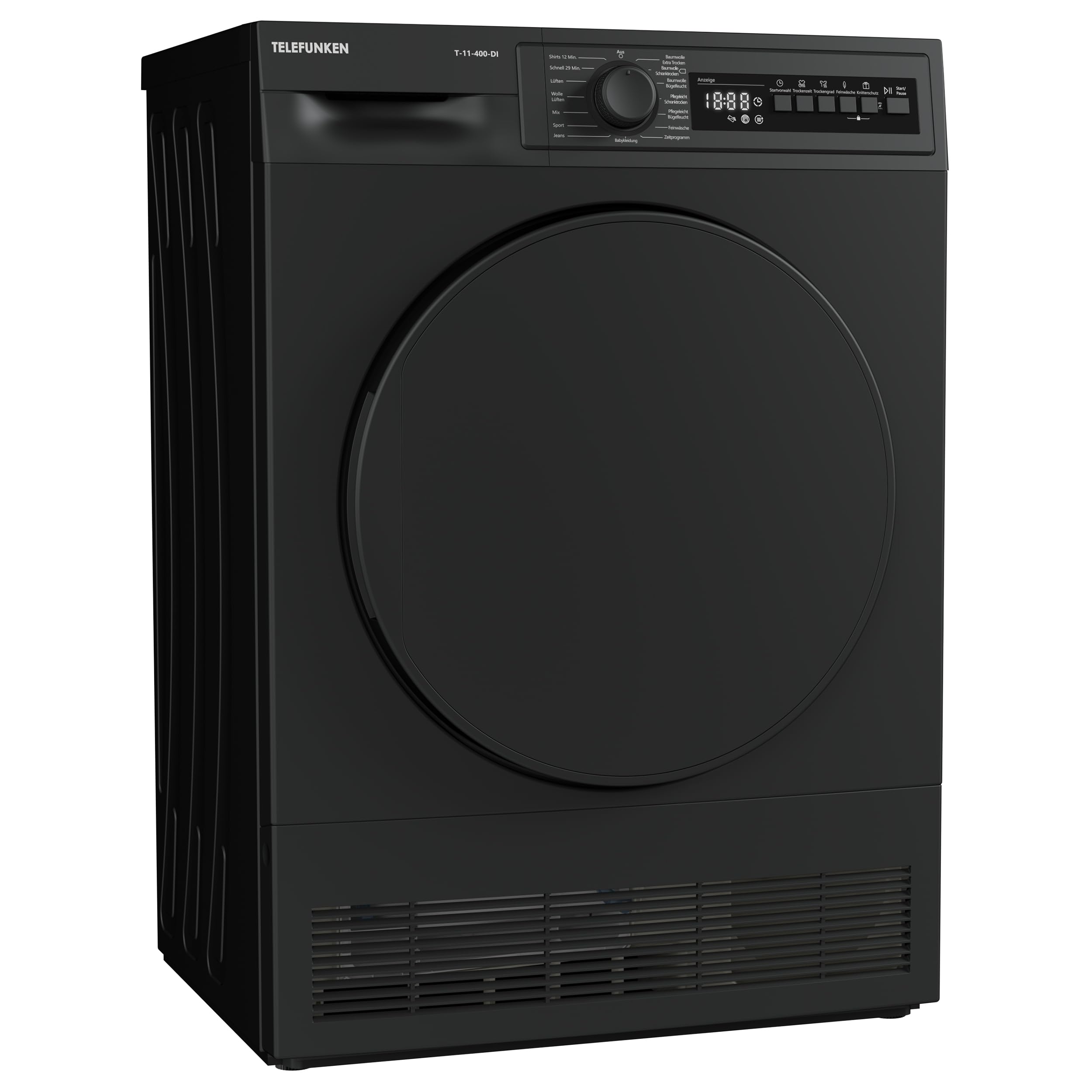 Telefunken T-11-400-DI Kondenstrockner / 7kg Trockner mit 15 Programmen, Startzeitvorwahl, Knitterschutz & reversierenden Trommelbewegungen, dark-inox