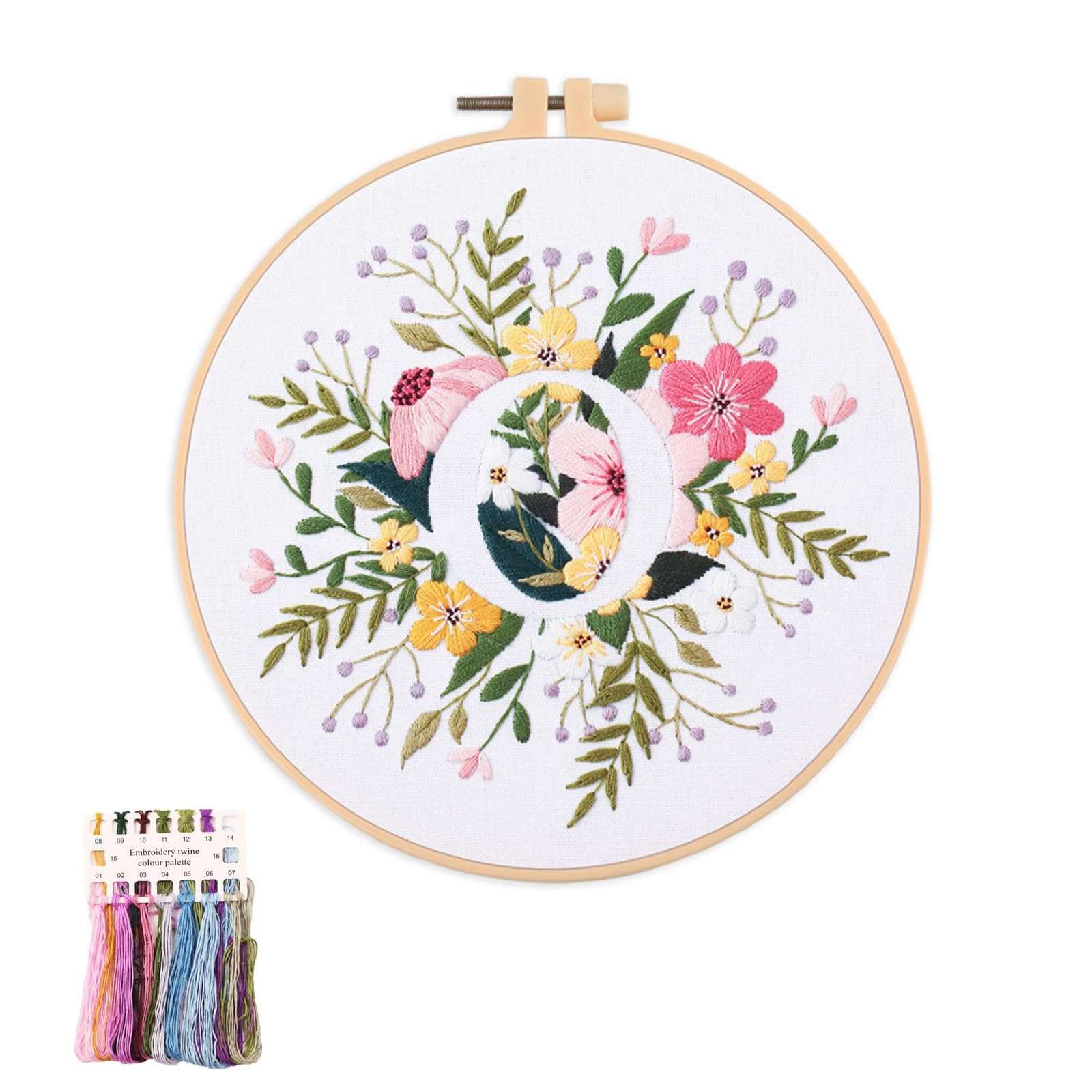 artcici Embroidery Kits Plant Flower Leaf English Letter Patterns for Beginners Adults, Full Range Embroidery Starter Kits Cross Stitch Needlework Supplies (Letter O)