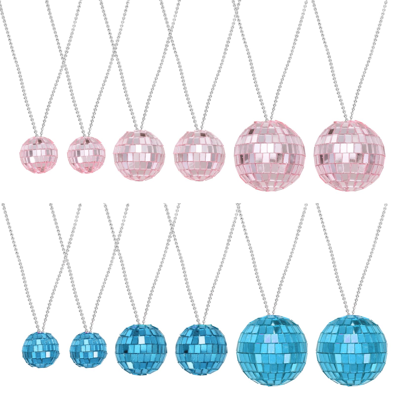sourcing map Mirror Disco Ball Necklace, 1.2"/1.5"/2" 70s Disco Party Necklaces for Costume Game Dance Supplies Birthday Parties Festival Jewelry Accessories, (Pink/Sky Blue, Pack of 12)