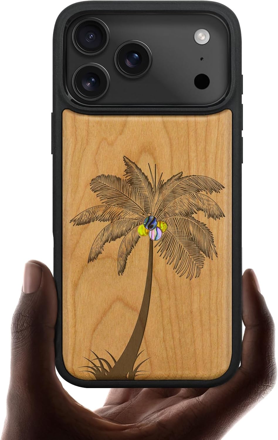 Carveit Magnetic Case for iPhone 17 Pro Case, Wood Artisan Engraved & Handmade Shell Inlaid, TPU Shockproof Cover, Compatible with MagSafe Wireless Chargers (The Palm Tree-Rosy)