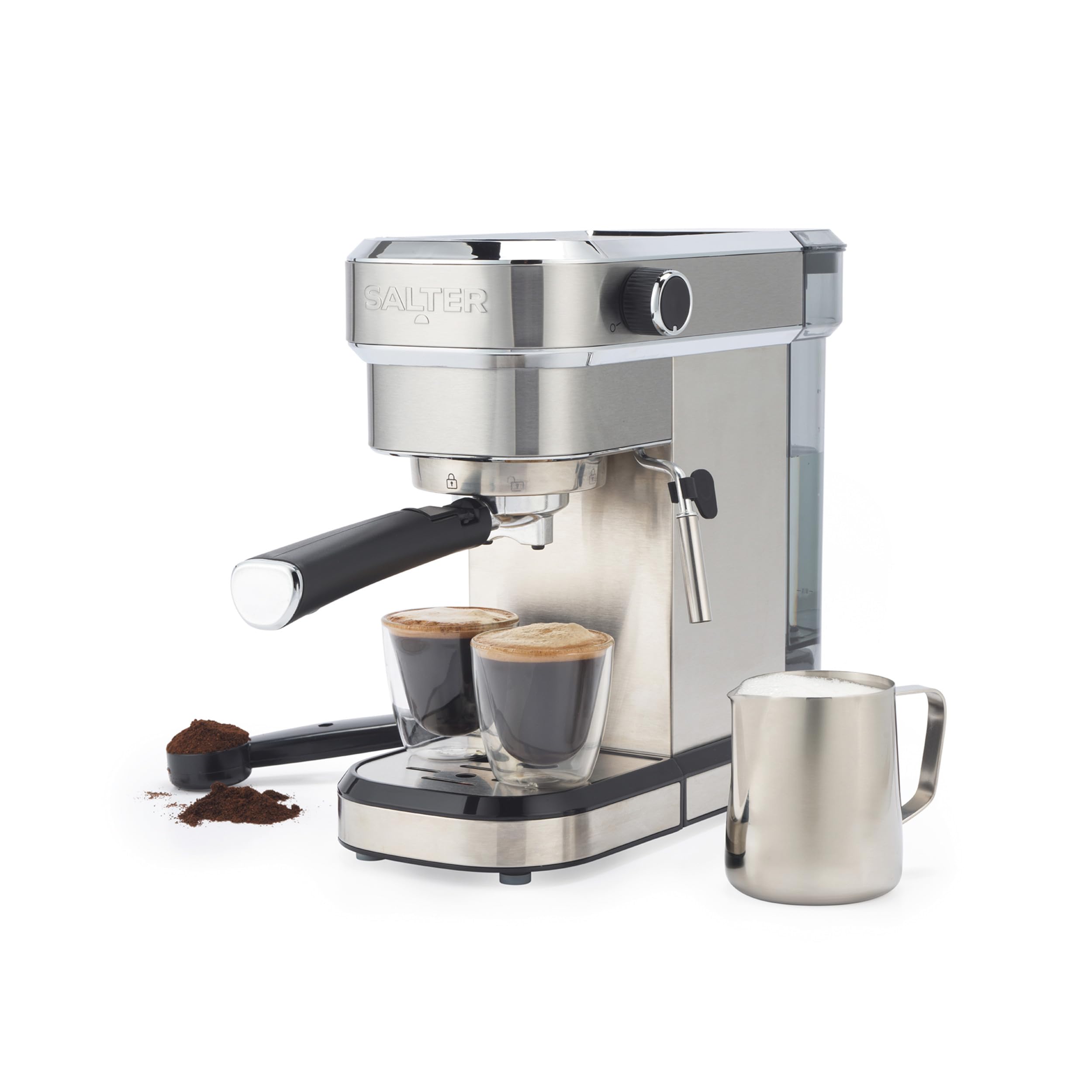 Máquina de espresso Salter 20 bar, bomba italiana, acero inoxidable | Café simple o doble, vaporizador de leche, depósito extraíble de 1,1 L, para café molido, portafiltro, jarra
