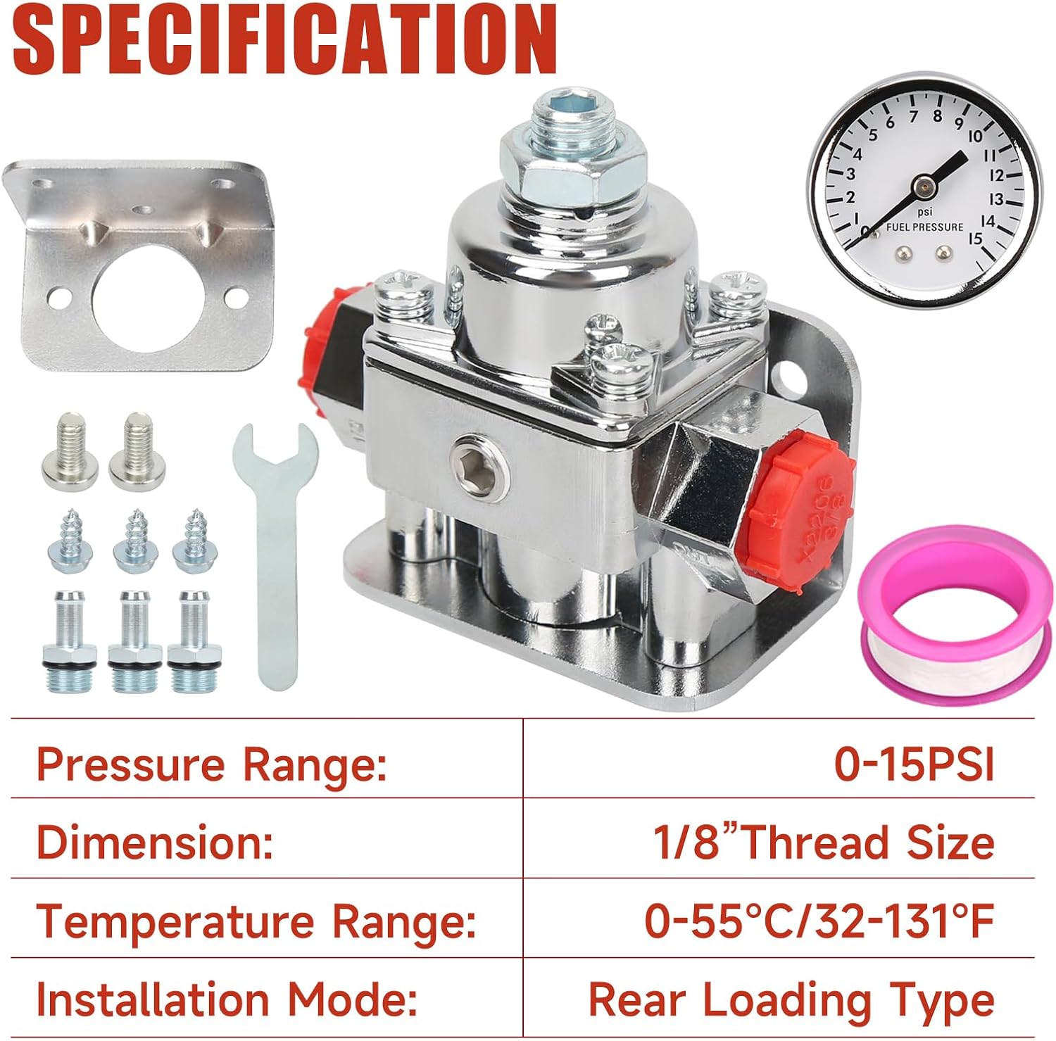 12-804 Fuel Pressure Regulator Carburetor with Gauge Kit Compatible with Holley and Edelbrock Carburetor, 1-4 PSI, 3/8in NPT Port, 1-In, 2-Out