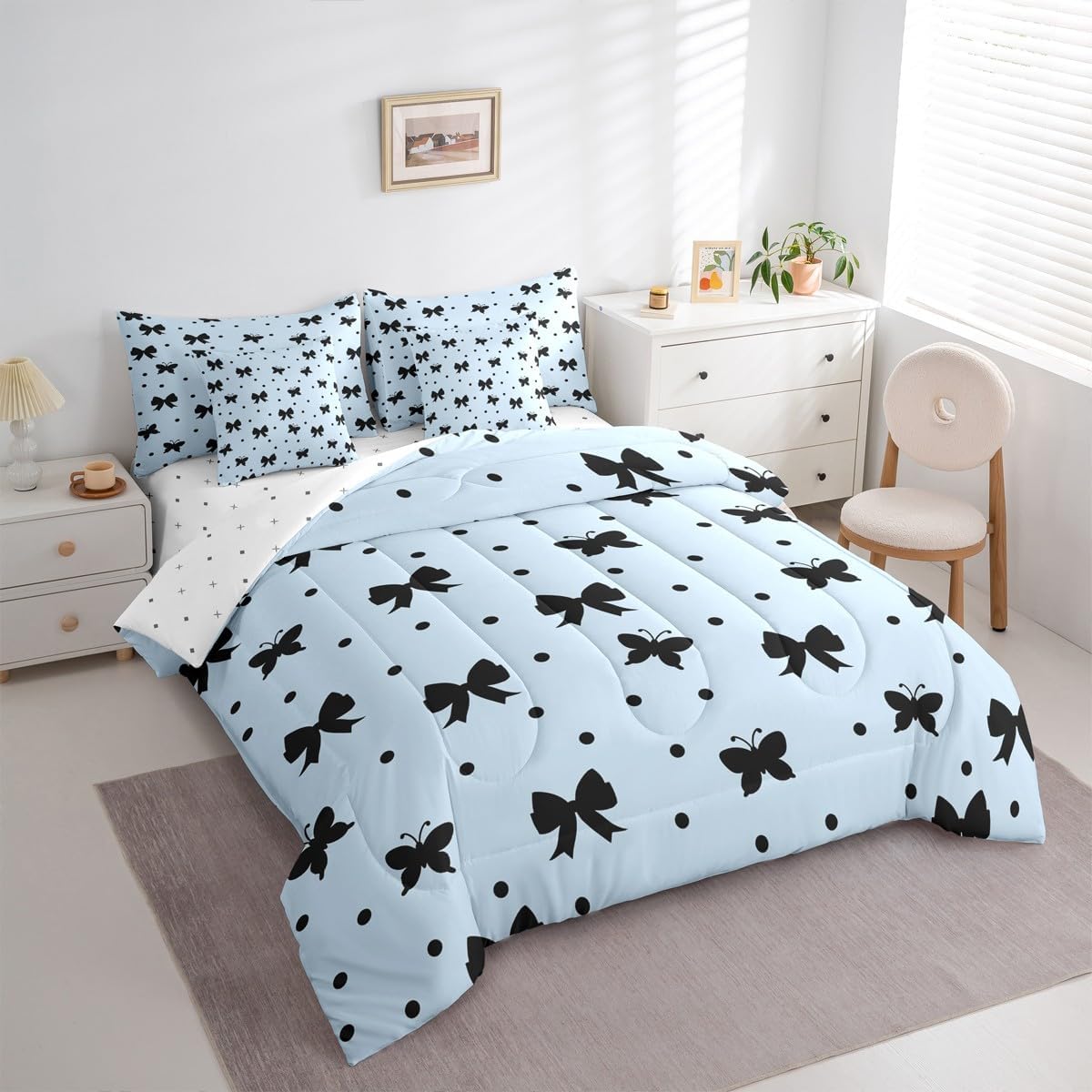Erosebridal Bow Tie 7 Piece Bedding Set Twin Butterfly Dots Comforter Set with Sheets Cute Cartoon Simple Bowknot Bed in a Bag Kawaii Princess Fashion for Kids Girls Women