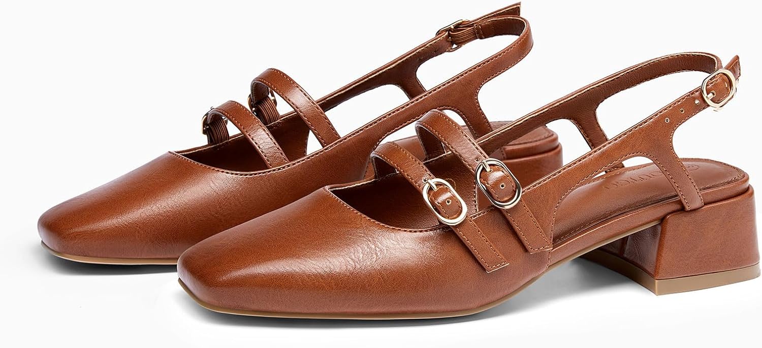 Coutgo Women's Mary Jane Chunky Low Heels Slingback Pumps Closed Square Toe Wedding Dress Shoes - Image 5