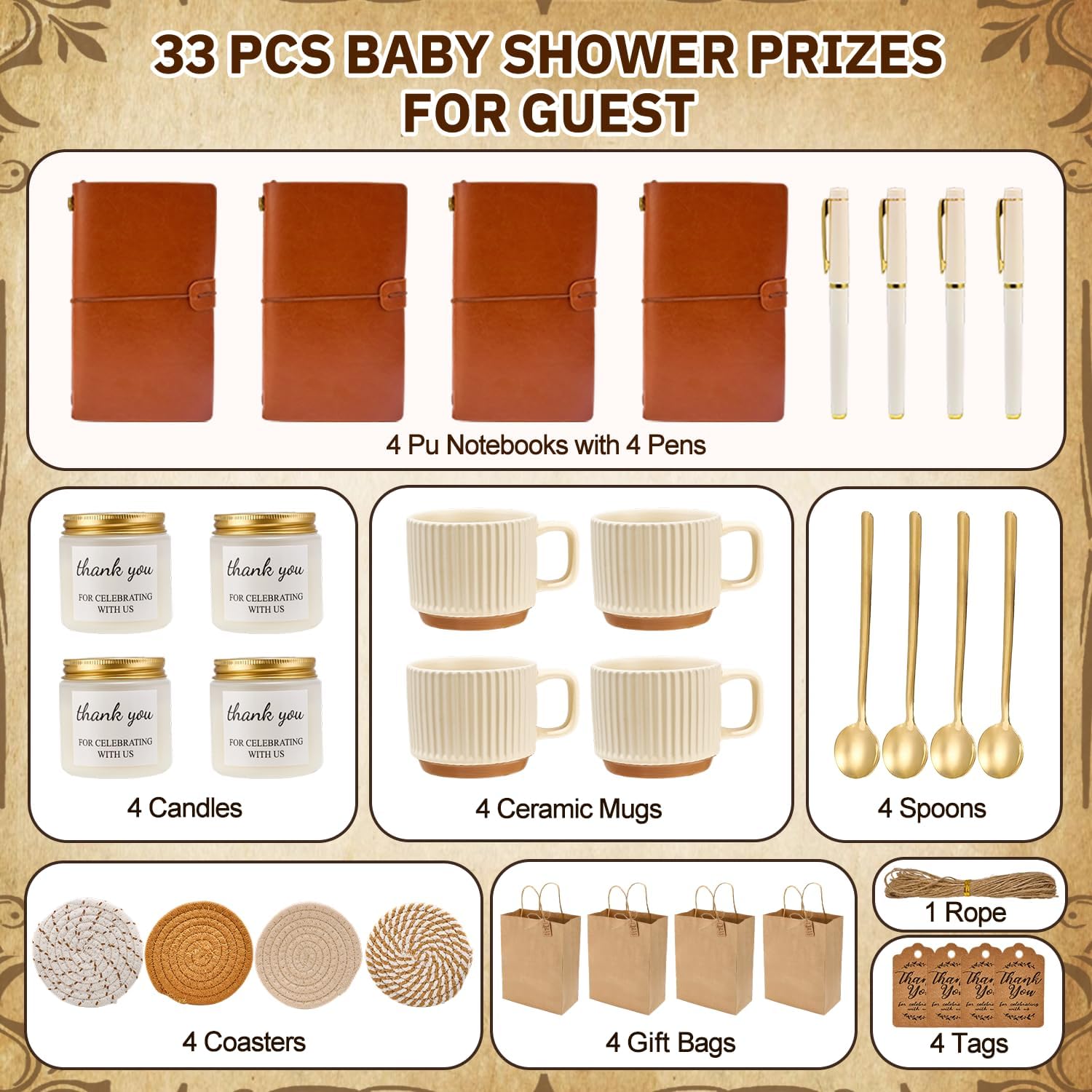 Baby Shower Prizes for Game Winners Baby Shower Games Prizes Ceramic Mugs with Metal Spoons Woven Coasters Notebooks Scented Candles Gift Bags Wedding Bridal Shower Favors for Guests (4, Brown) image 3